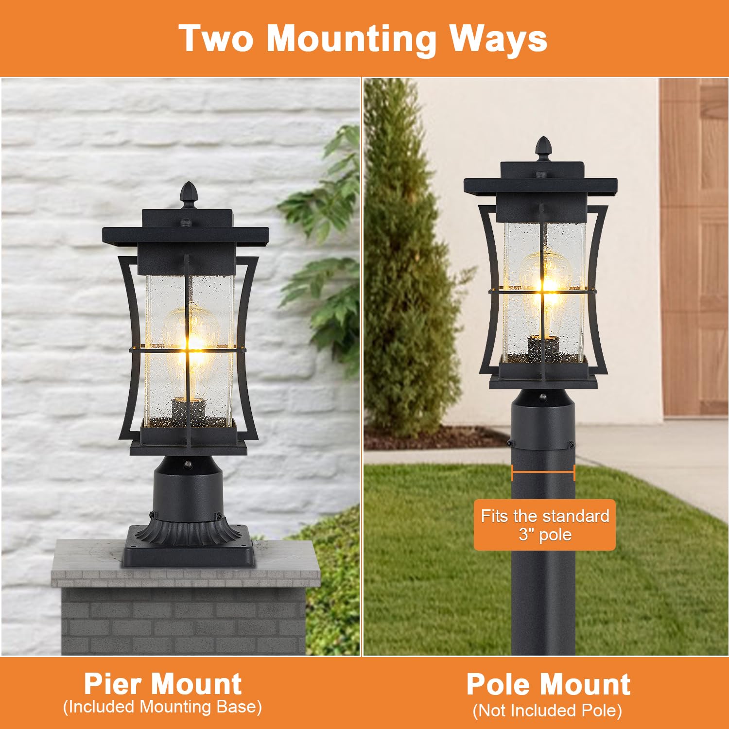 EERU Outdoor Post Light Fixture, Waterproof, Black, Large, Glass, Dusk to Dawn Sensor, Pier Mount Adapter