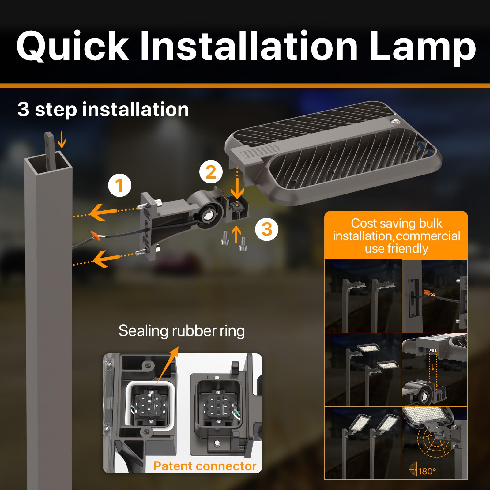 DEMILARE 400W LED Parking Lot Light, 60000LM, Adjustable Arm Mount, IP65, Black, Model CB400W