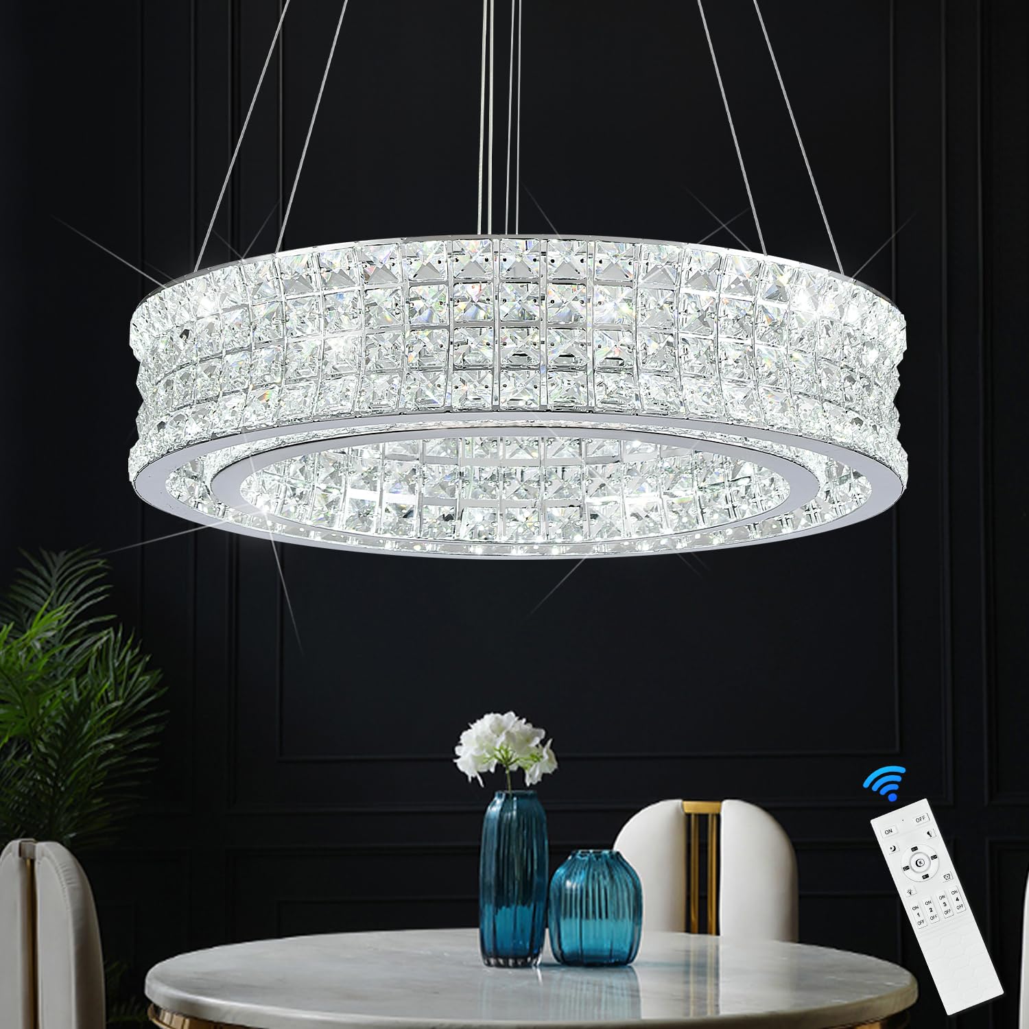 Poemoon LED Crystal Chandelier 2-Tier Dimmable Light Fixture 20in  Chrome Model 4003-500C for Dining Room Bedroom Kitchen