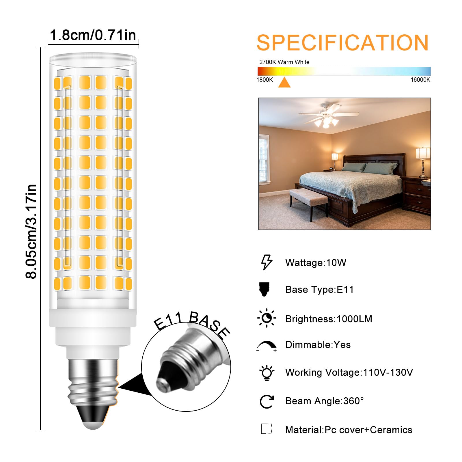 Megereet Jde11 Led Bulb 100W Halogen Bulbs Equivalent T4 Mini Candelabra E11 Led Bulb Dimmable Warm White 3000K 10W 1000Lm Jde11 120V 100W Led For Ceiling Fan Pendant Lighting 5 Pack