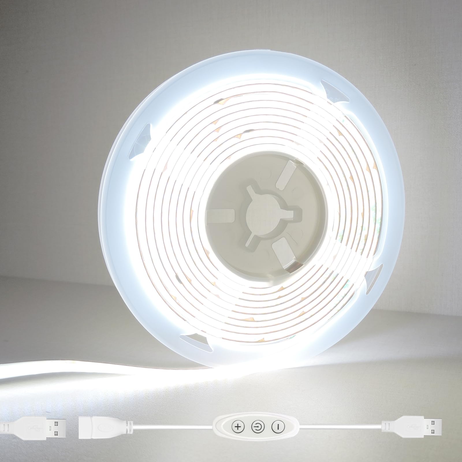 Gxilee 5V Cob Led Strip Lights Usb Powered 6000K Cool White Cri92+ 6Ft Led Tape Light With Dimmer, 10W/2Meter Flexible & Dimmable Cob Strips For Bedroom Cabinet Diy Lighting Decor