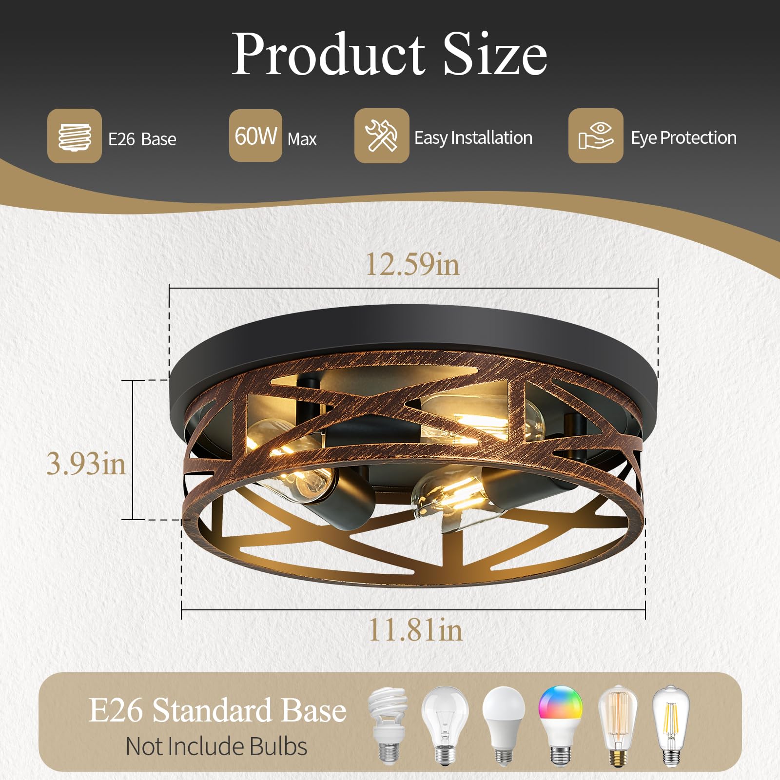 SKEJAO Flush Mount Ceiling Light Fixture, Vintage Metal Black, 13 inch, Model SK004G, 2 Pack