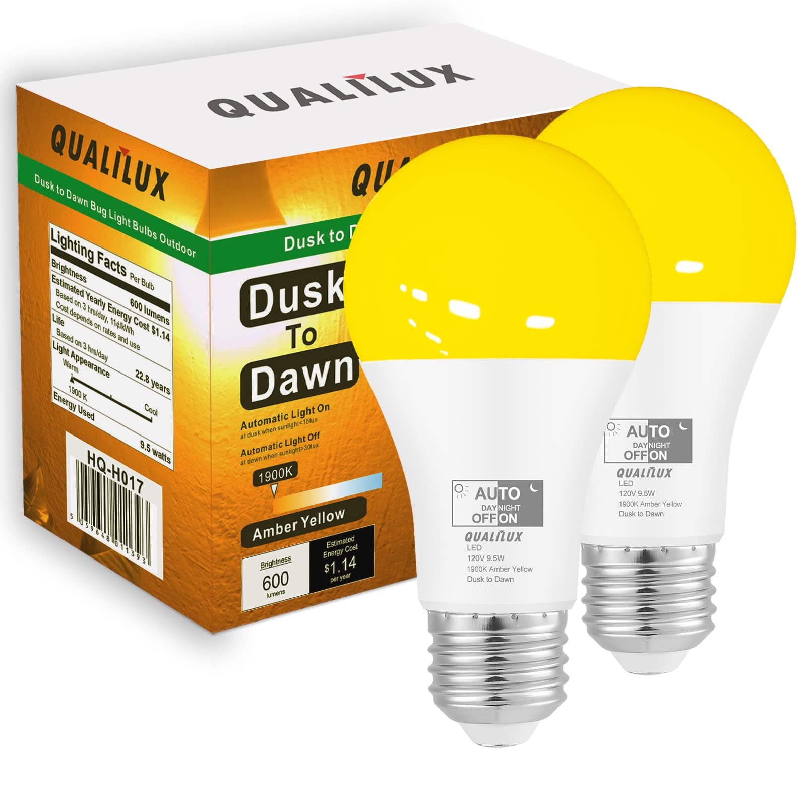 Qualilux Dusk to Dawn Bug Light Bulbs, 9.5W LED, 600 Lumen, 1900K Amber Yellow, A19 E26, 2-Pack