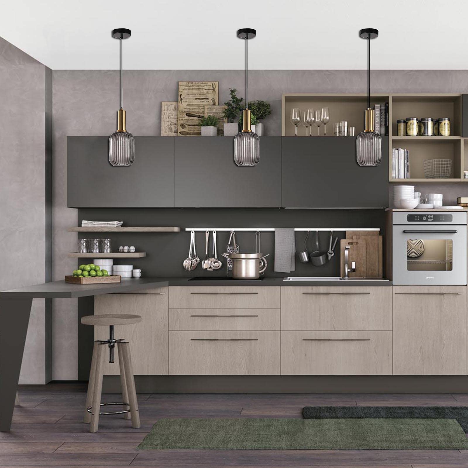 I-Xun Modern Pendant Light Fixtures For Kitchen Island, Farmhouse Striped Glass Pendant Lighting With Gold Socket, Stylish Ceili