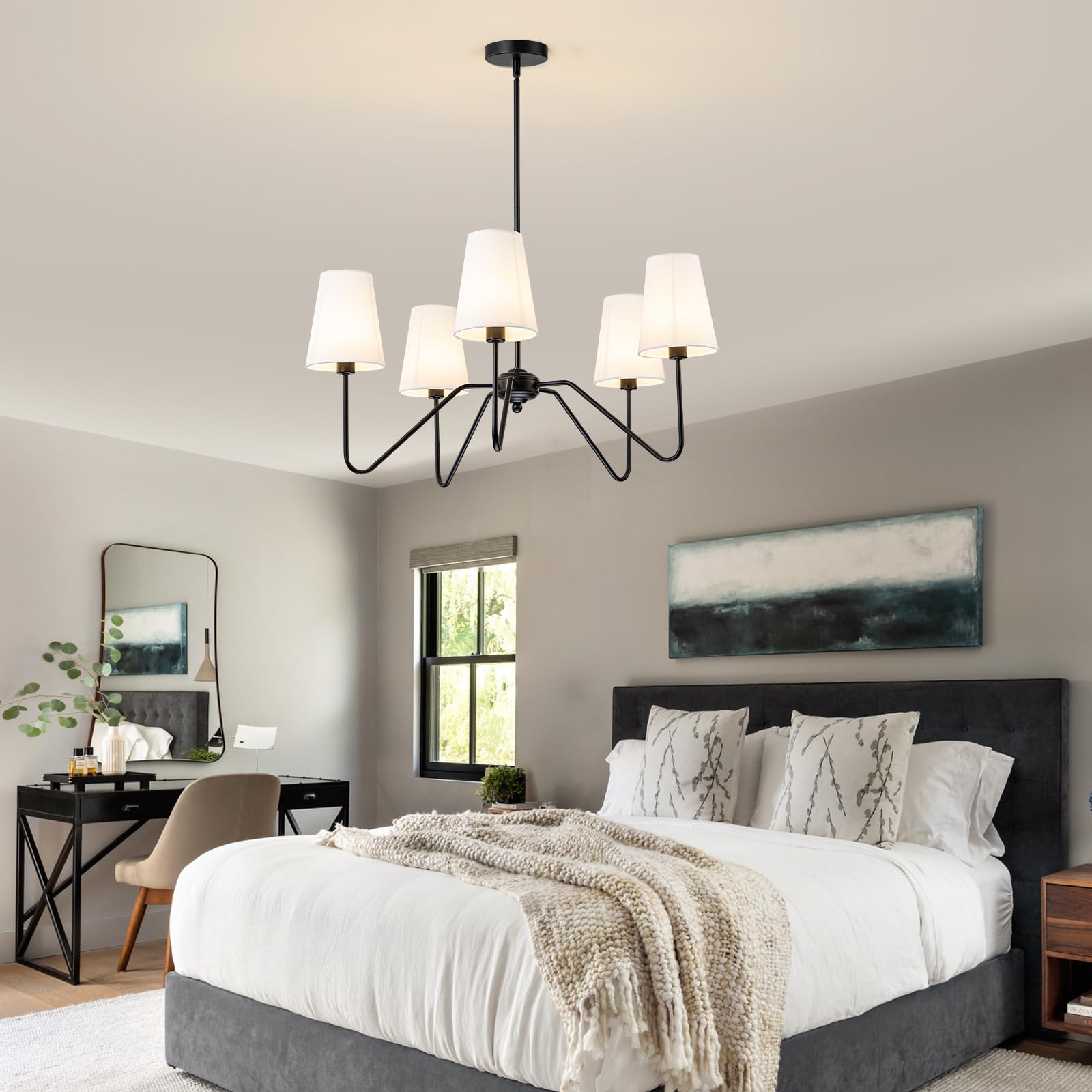 FIYUEOYI Modern 5 Light Chandelier, Adjustable Black Pendant Light with White Shades for Living Room, Dining Room, Bedroom - Model YUX003