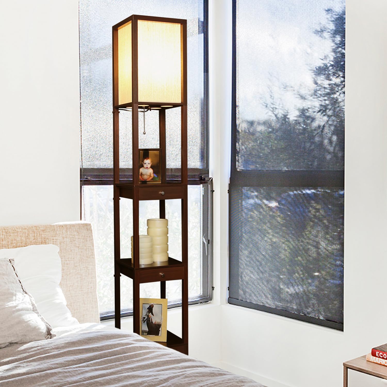 Brightech Maxwell Drawer Edition - Modern Shelf Floor Lamp With Drawer - Corner Display Floor Lamps With Shelves For Living Room