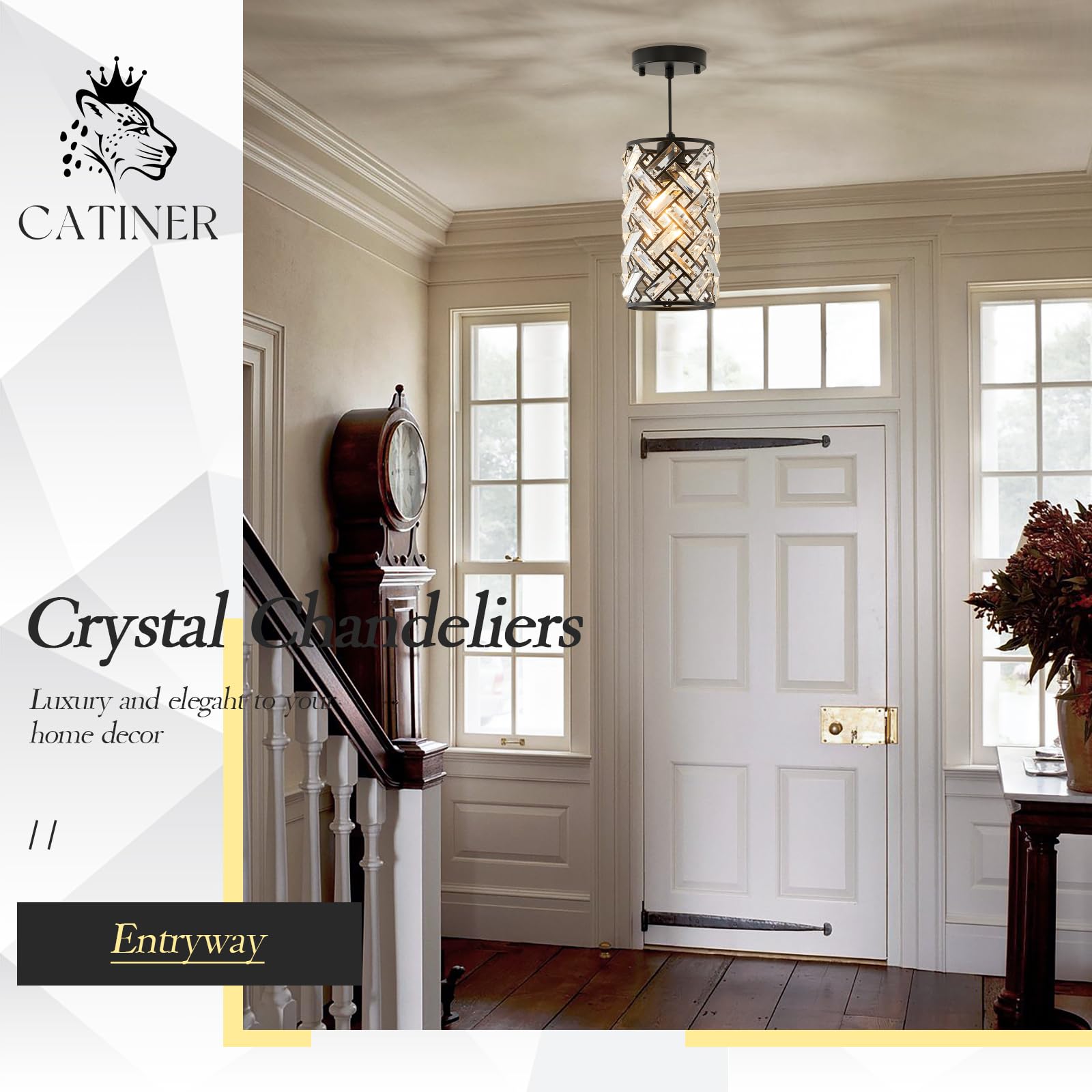 Catiner Modern Black Crystal Pendant Light Fixture - Mini Chandelier For Kitchen Island, Dining Room, Living Room, Hallway, Porc