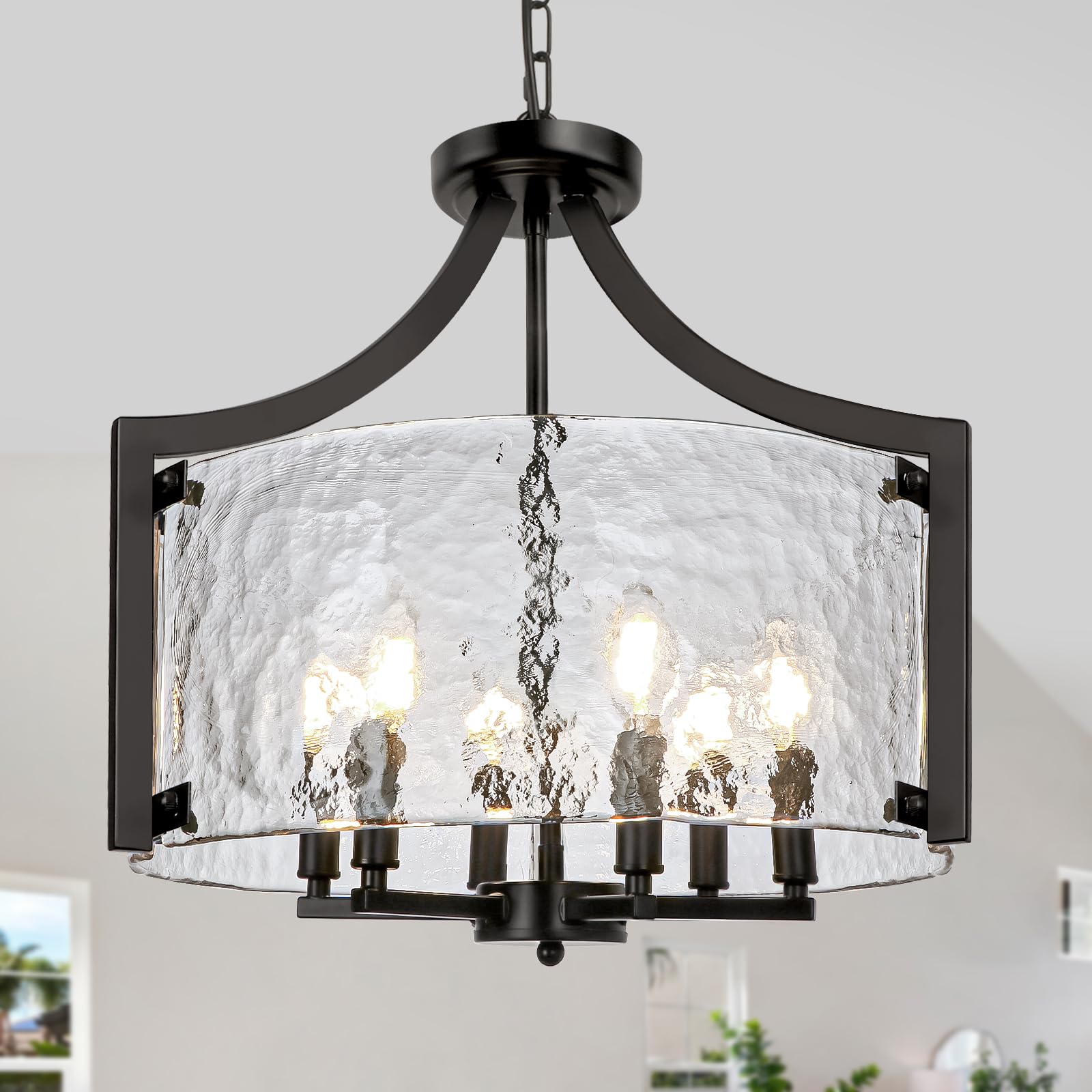 Wbindx 6-Light Glass Chandelier For Dining Room  19.3 Modern Black Foyer Chandelier Convertible Semi Flush Mount Ceiling Light  Farmhouse Pendant Lighting For Entryway Foyer Bedroom Kitchen