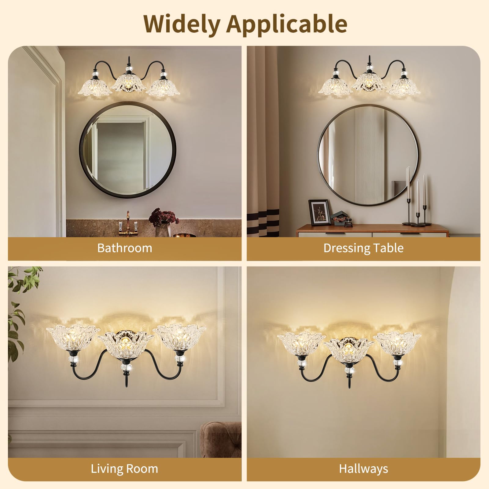 Black Bathroom Vanity Light 3-Light Vanity Light With Crystal Glass Shades Vintage Farmhouse Vanity Lighting For Bathroom And Dressing Table