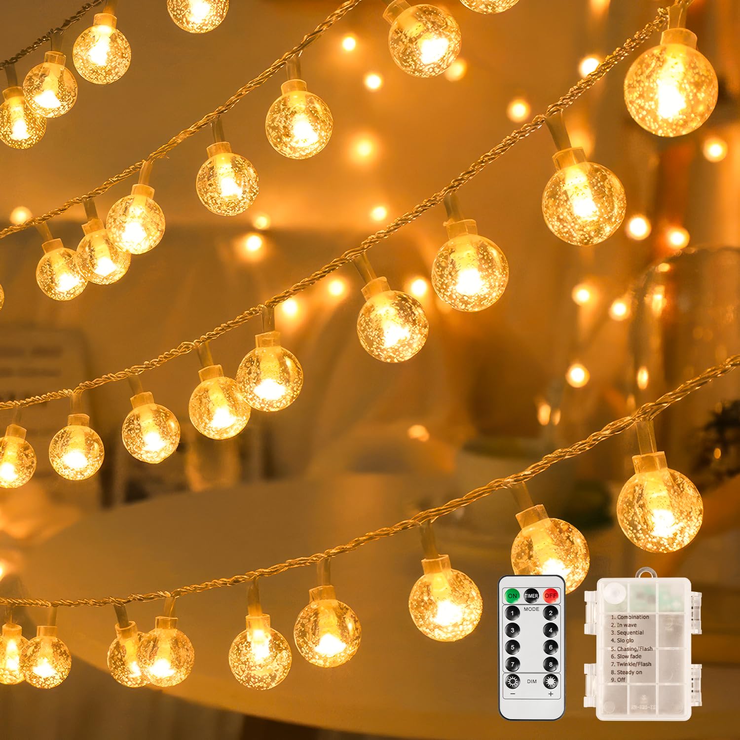 Xzai Globe Fairy String Lights, 33Ft 100Led Battery Operated With Remote, Ip67 Waterproof Indoor Outdoor Hanging Crystal Beads For Home Party Patio Garden, Warm Yellow