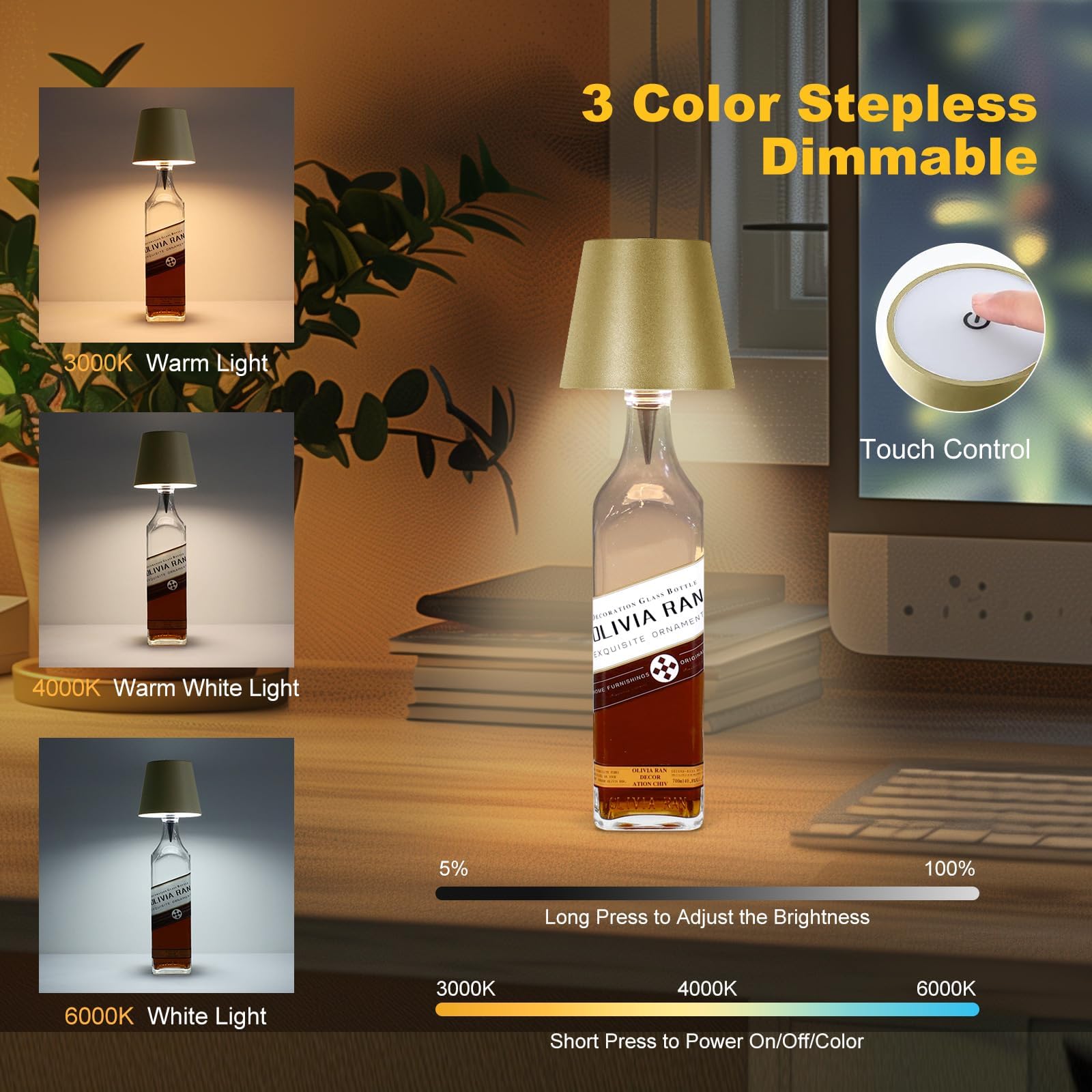 Soudfk Wireless Bottle Lamp, 2025 New 3 Color Rechargeable Wine Bottle Lights For Bars Restaurants (Placer Gold, 1Pc)