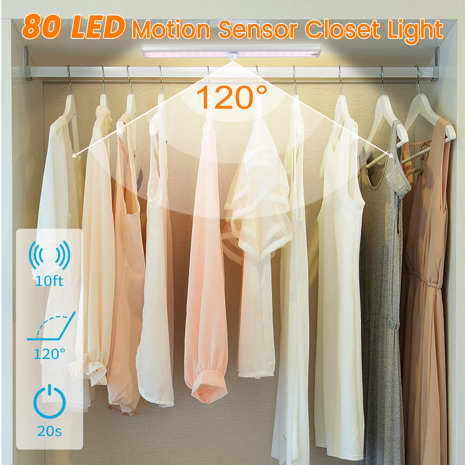 Goodland Wireless Under Cabinet Lights, Dimmable Motion Sensor, 80 LED, Rechargeable, Magnetic, Silver, 1-Pack