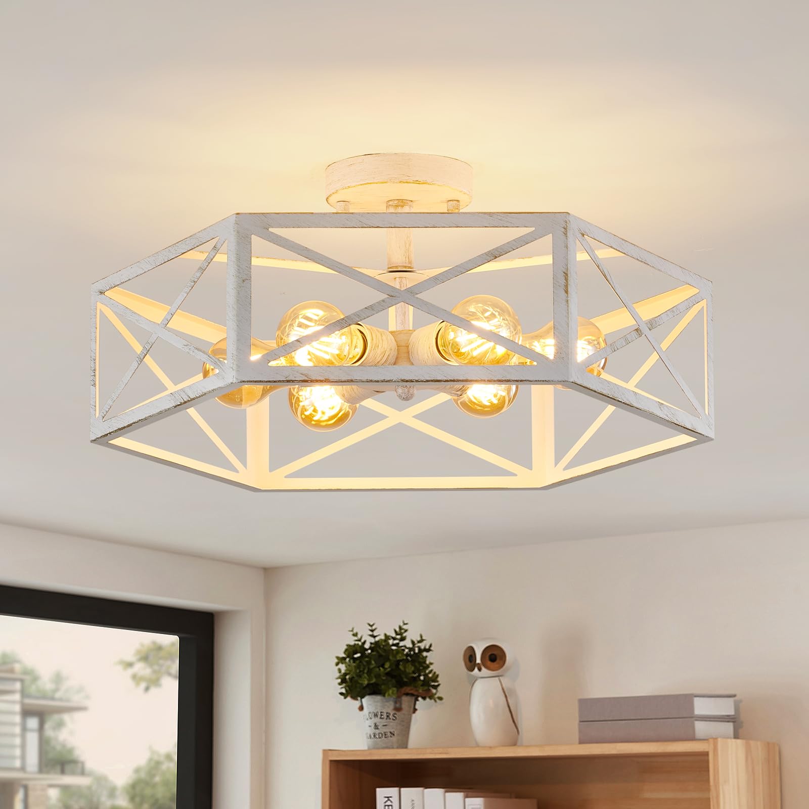 Xsdetu 19.68'' Semi Flush Mount Ceiling Light, Farmhouse 6-Light White Kitchen Lighting Fixtures Ceiling Mount, Modern Flush Mount Light Fixture, Metal Hexagon Cage Ceiling Lamp For Hallway