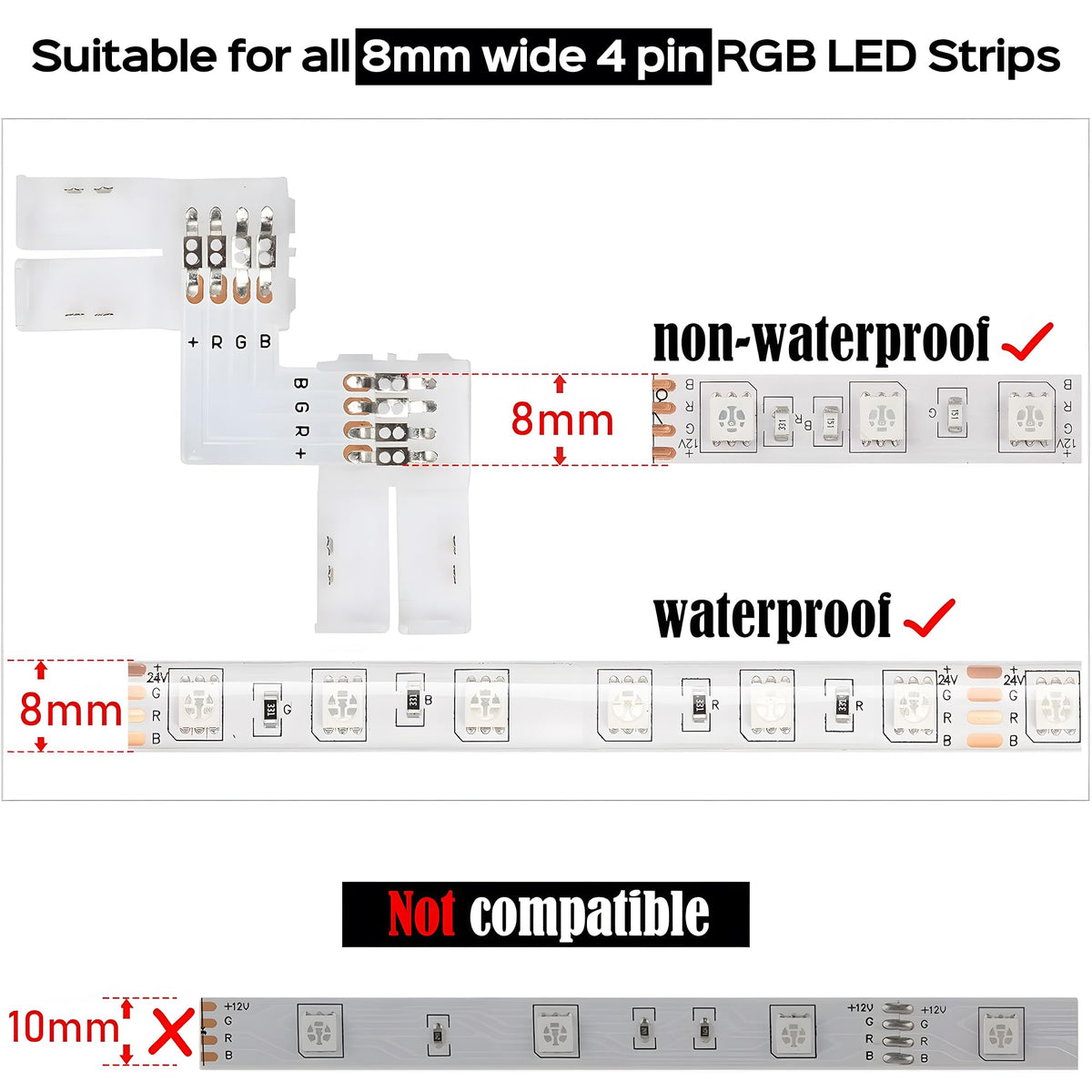 JACKYLED L Shape 8mm 4-Pin LED Strip Connectors 10-Pack Total 32pcs ...