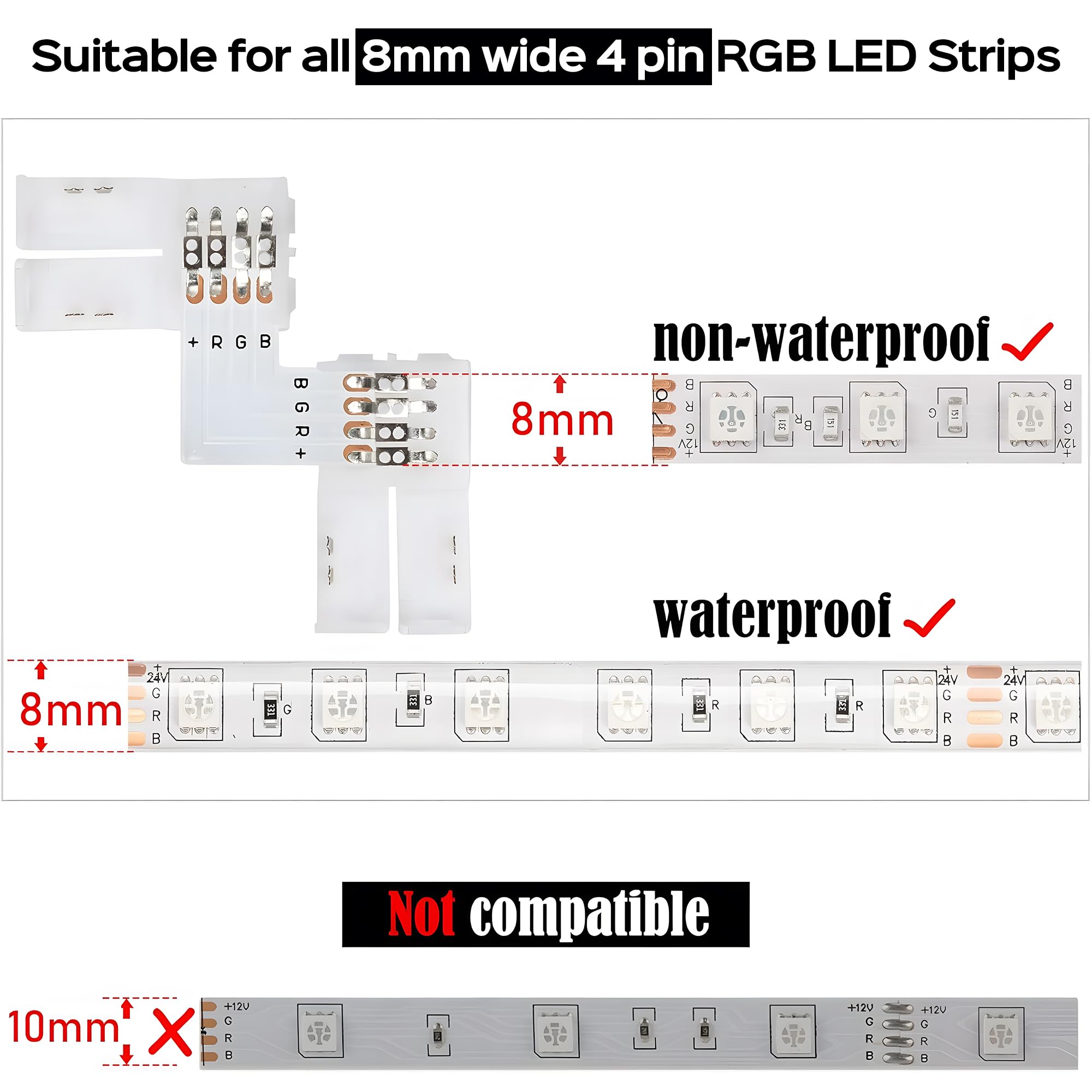 Jackyled L Shape 8Mm 4-Pin Led Strip Connectors 10-Pack Total 32Pcs, Unwired Solderless Led Light Connectors For 8Mm Wide 4-Pin