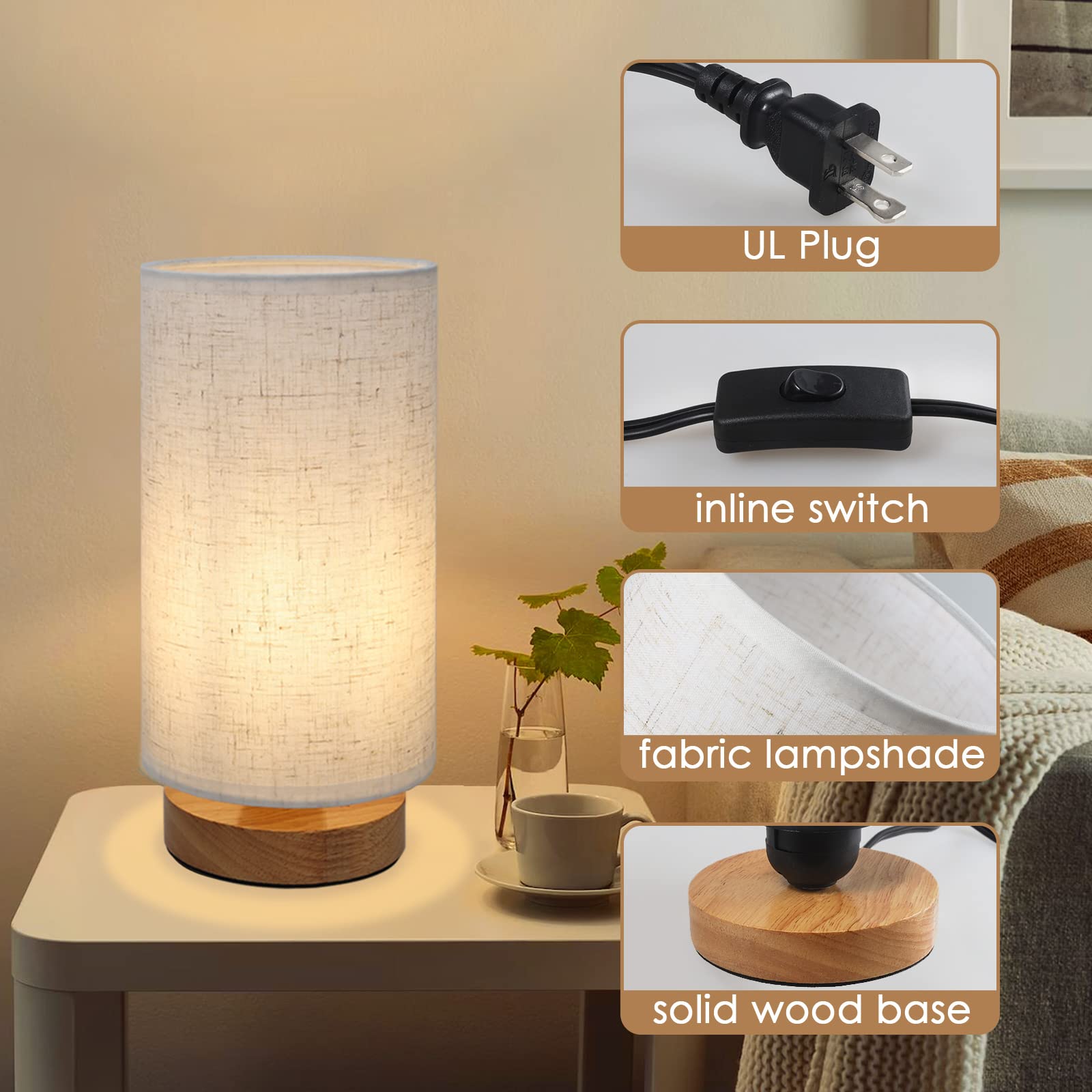 Table Lamps For Bedrooms Set Of 2, Minimalist Bedside Lamps Set Of 2 With Round Fabric Linen Shade,Reading Small Desk Lamp Set Of 2 For Kids Room, Night Nightstand Lamp Set For Living Room, Office