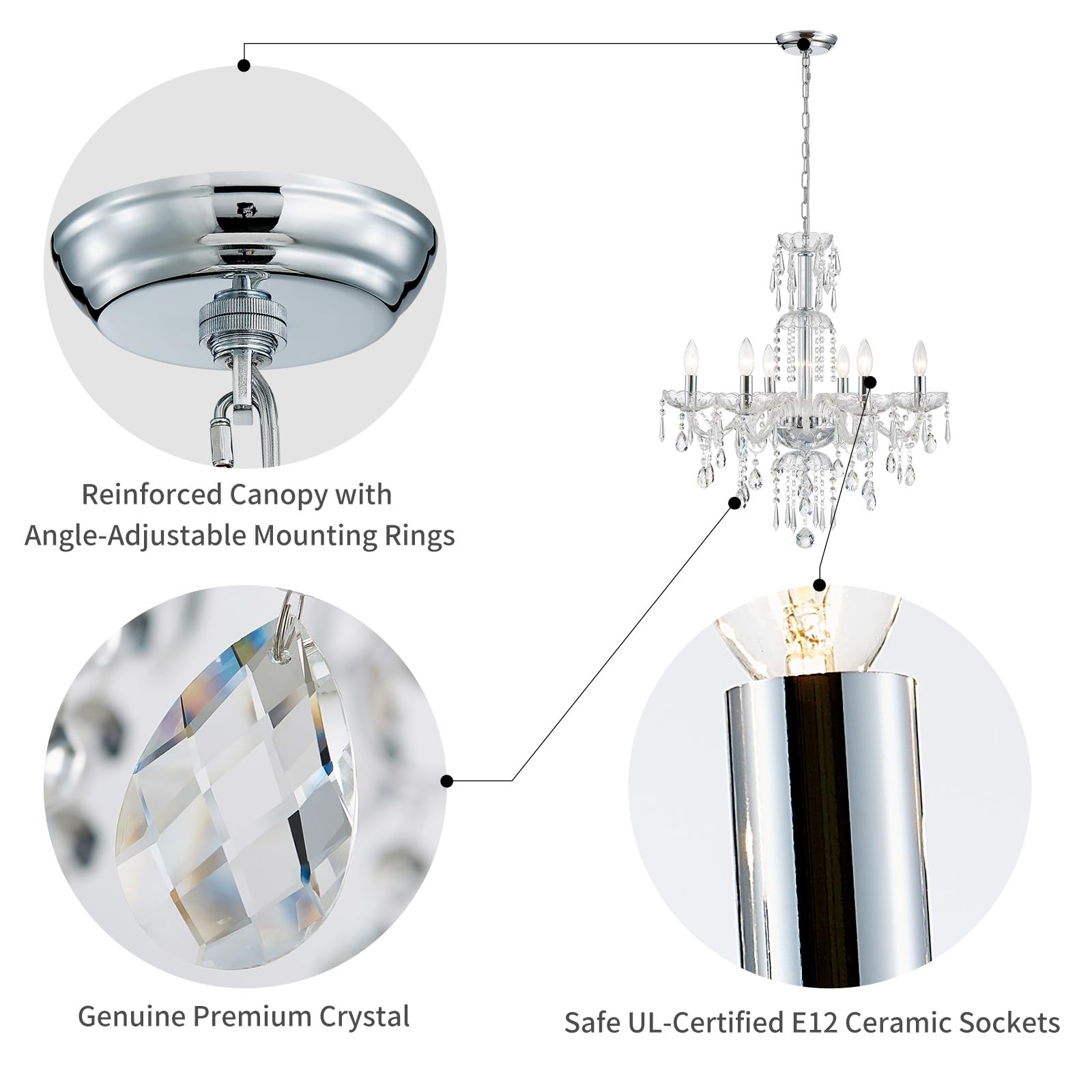 Wuzups 6-Light Crystal Candle Chandelier Pendant Ceiling Light Modern Lighting Fixture For Bedroom Hallway Bar Kitchen Bathroom  H 25.6 W 24.4  E12 Base  Chrome