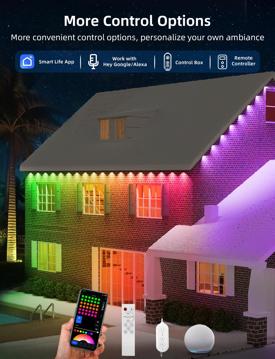 APPECK 50ft Permanent Outdoor Lights with 36 RGBW LEDs, Warm White Eaves Lighting, Model C5109-D, App/Voice/Remote Control, White