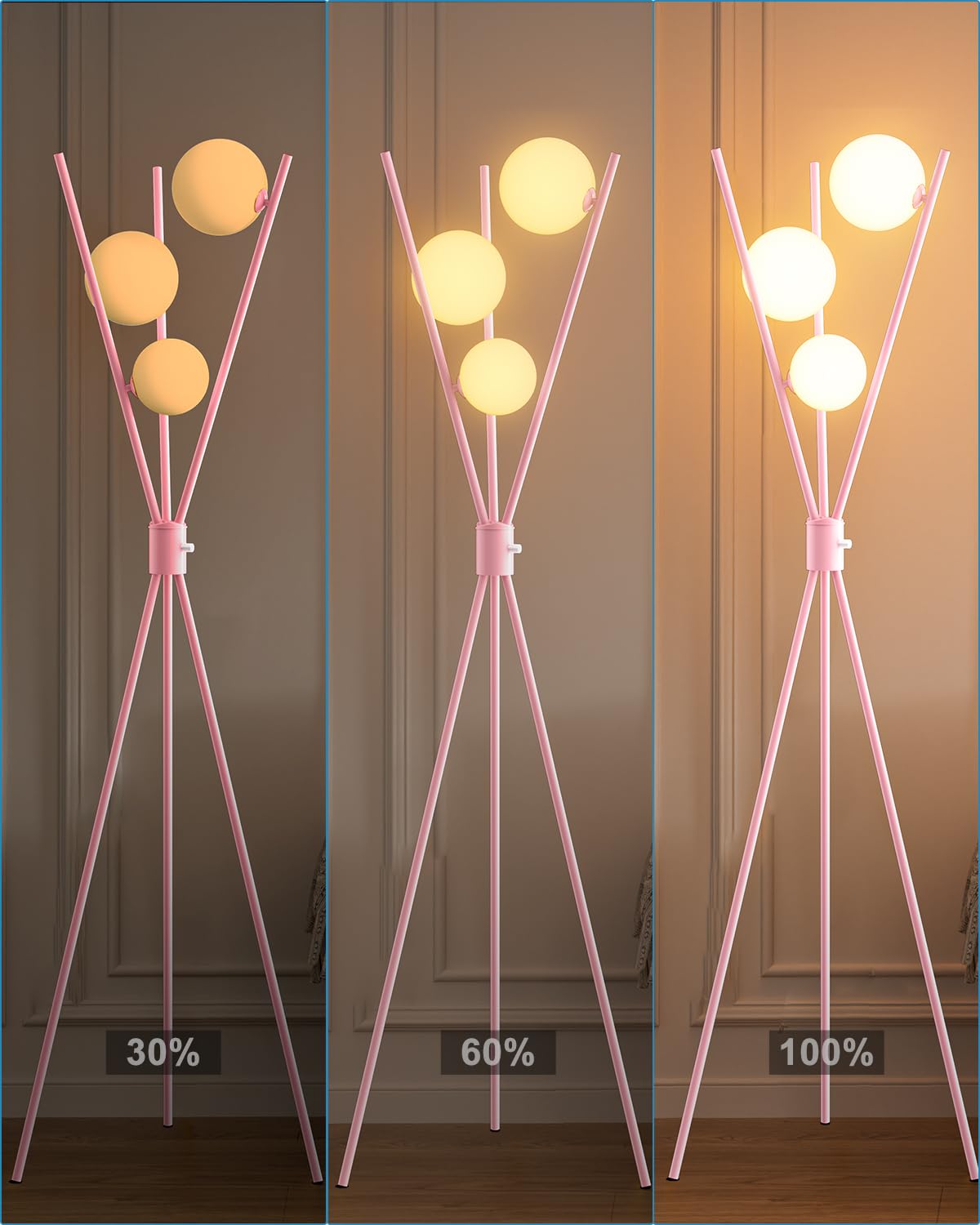 Lightdot Globe Standing Lamps Stepless Dimmable Pink Tripod Floor Lamp With 3Pcs 3000K G9 Bulbs Stable Base Mid Century Modern F