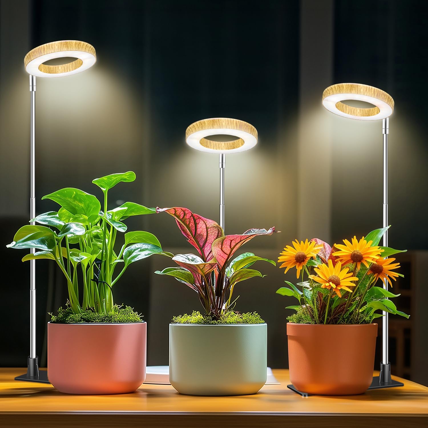 Aokrean Grow Light  48 LEDs Full Spectrum Plant Lights for Indoor Growing  Height Adjustable Wood Grain Plant Grow Light with Base  3 Optional Spectrums  Auto Timer 6/12/16Hrs  5 Brightness