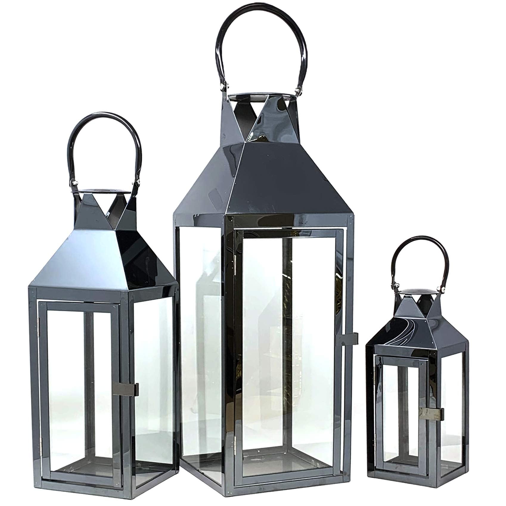 Allgala 3-PC Lantern Set 24 Inch Jumbo Deluxe Modern Indoor/Outdoor Candle Lantern Set Black Stainless Steel Frame Tempered Glas