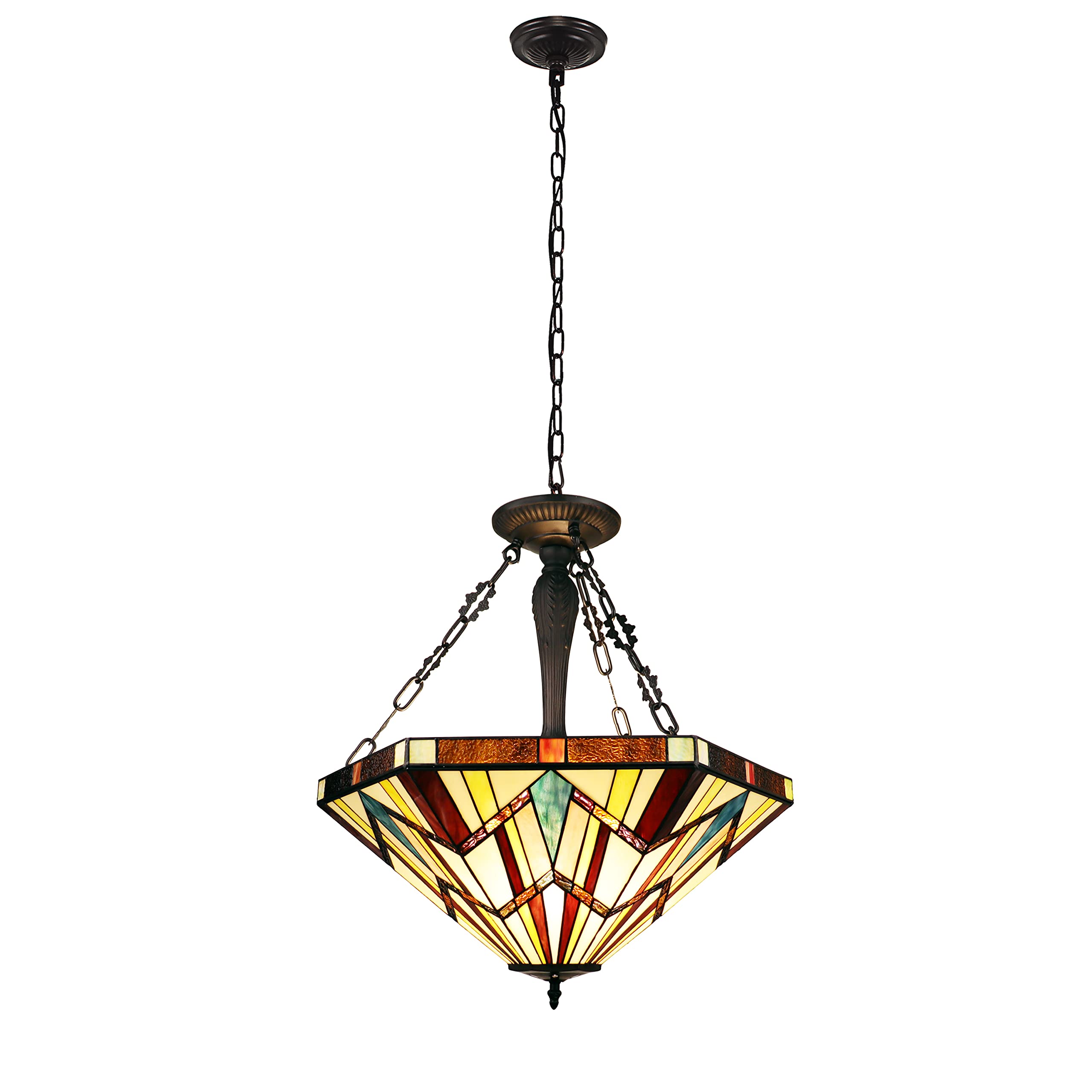 Chloe Lighting 3-Light Mission Pendant Fixture, 22in Wide, Blackish Bronze, Multicolor Glass, Model CH3T523BM22-UP3