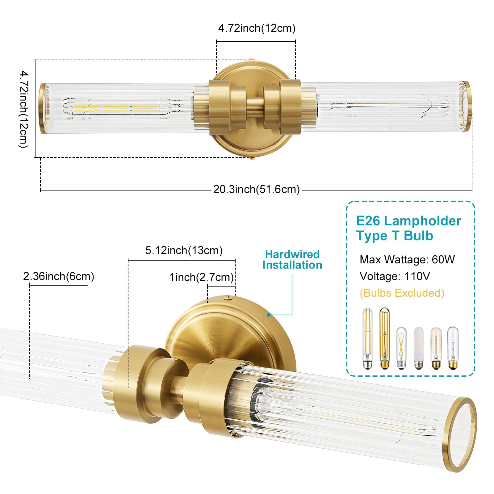 Vaziden Gold Wall Sconce Vanity Lights 2 Pack, Modern Threaded Glass, Up and Down Lighting for Bathroom and Living Room