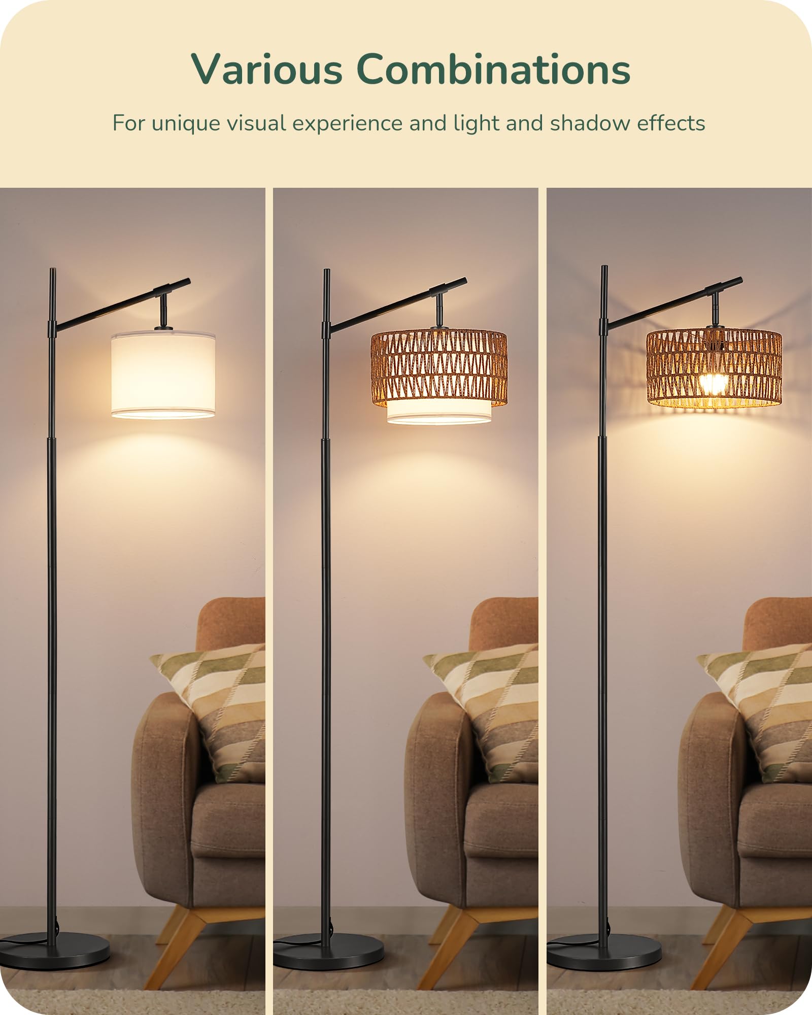 EDISHINE Arc Dimmable Floor Lamp, Black, Rattan & Fabric Shades, 5 Color Temperatures, Adjustable with Remote, Model HFLEA3B