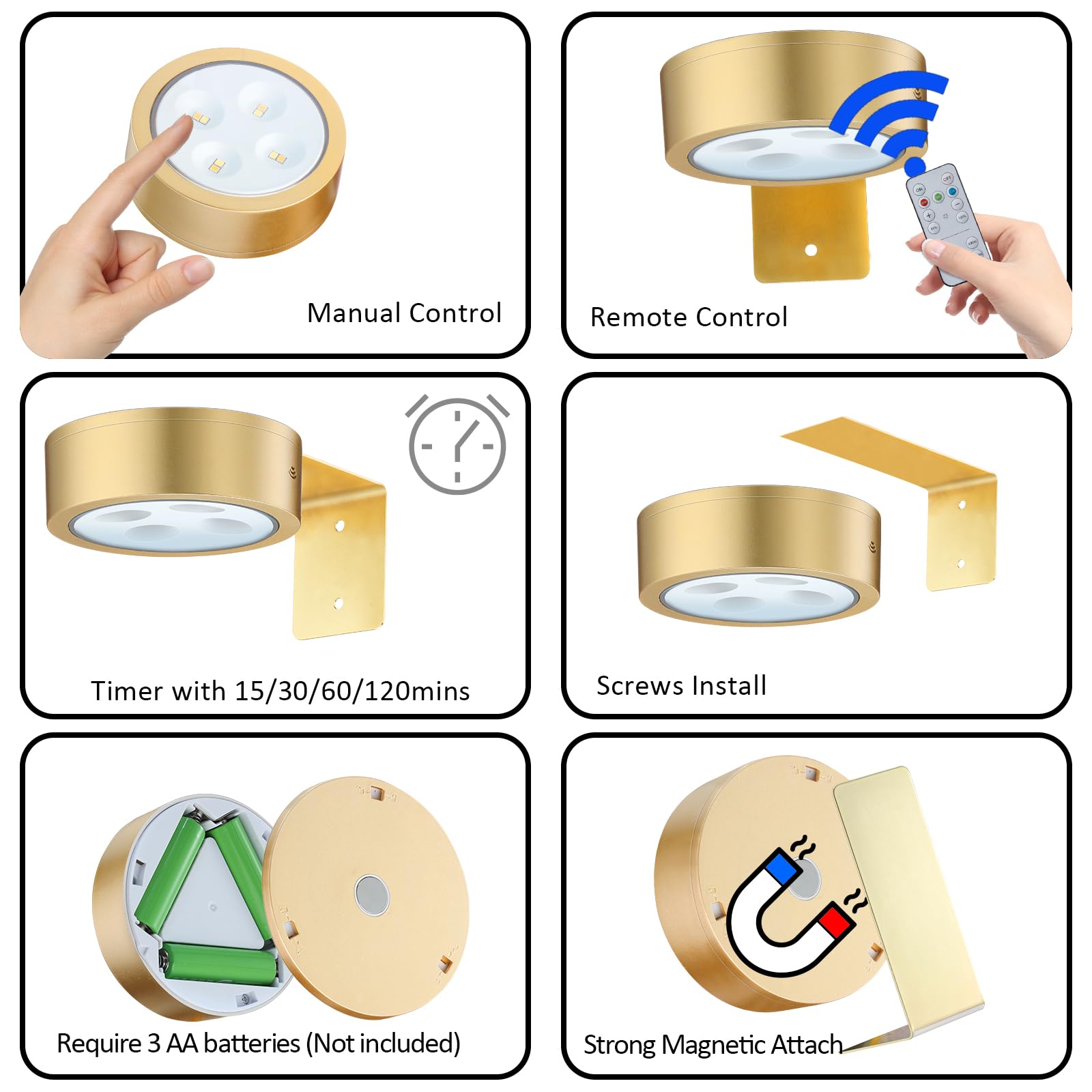MIOBLUE Picture Light, 3-Pack Battery Operated, Wireless Magnetic Art Light, Remote Control, Dimmable, Gold, Model PCT-3Packs-g