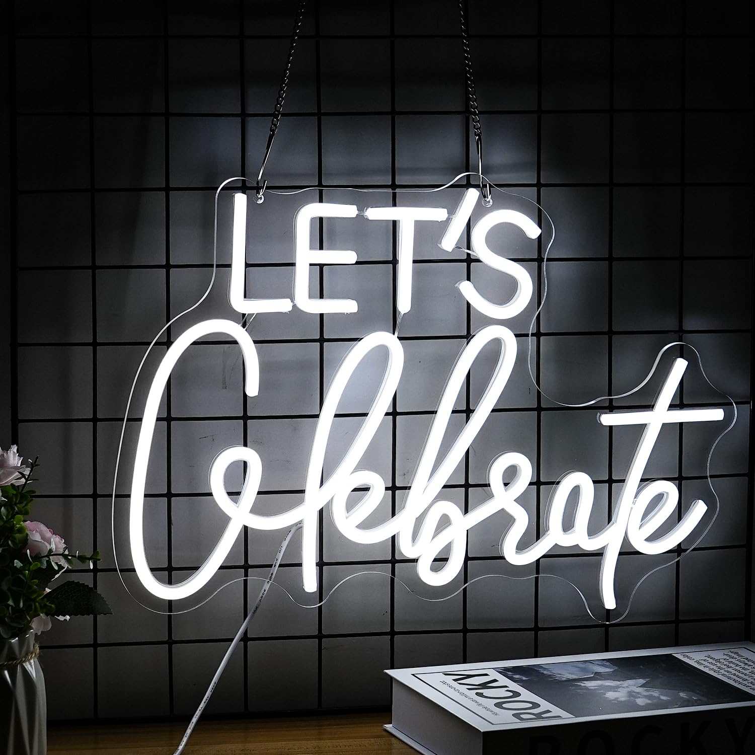 LISIGNVE Dimmable Neon Sign - Lets Celebrate - White LED Light for Wall Decor - 16.5inx11.8in - USB Powered