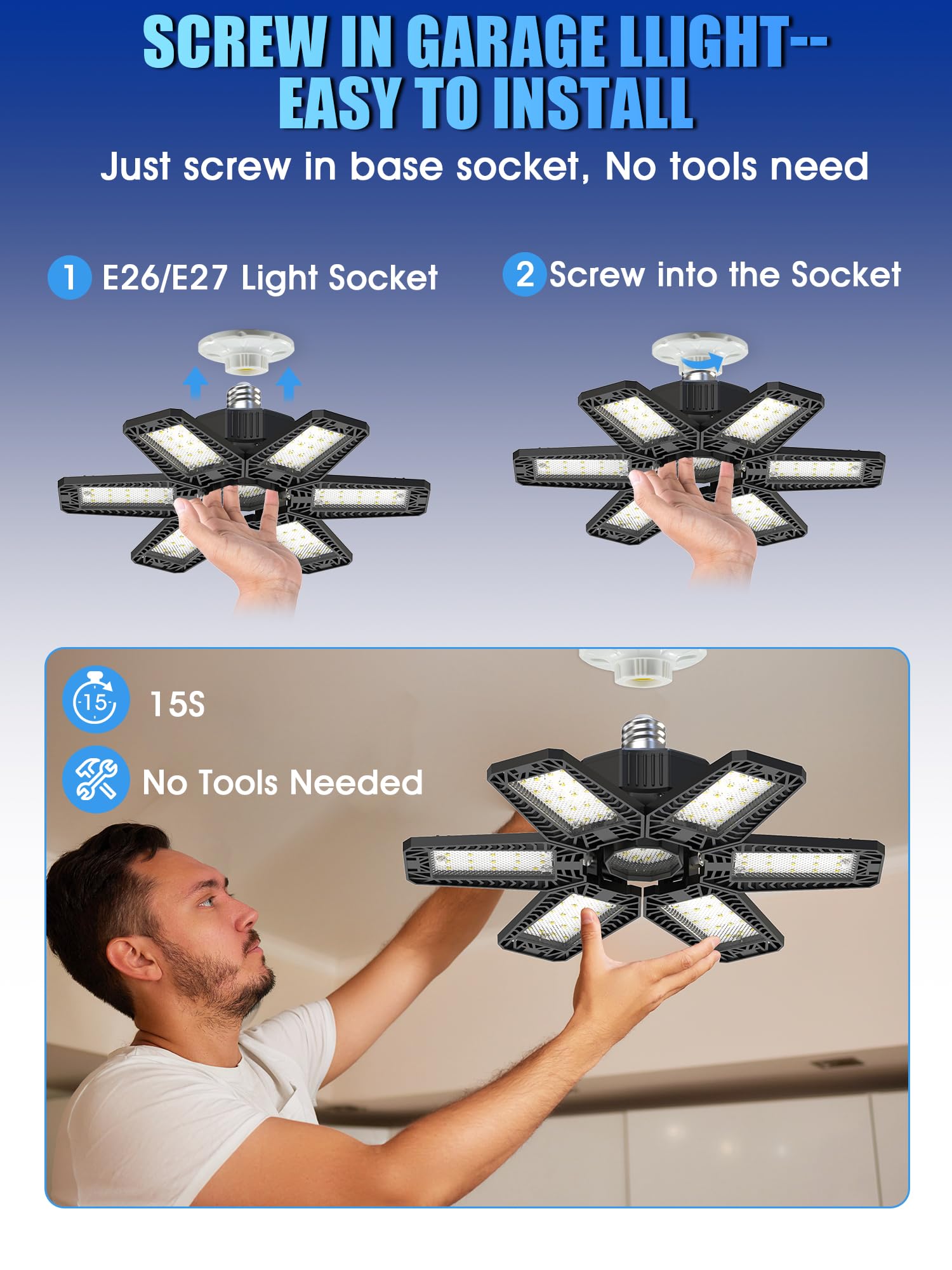 Led Garage Lights 8 Pack - 180W 18000Lm Garage Lights Celling Led With 6 Adjustable Panels, 6500K Daylight Deformable Garage Lig