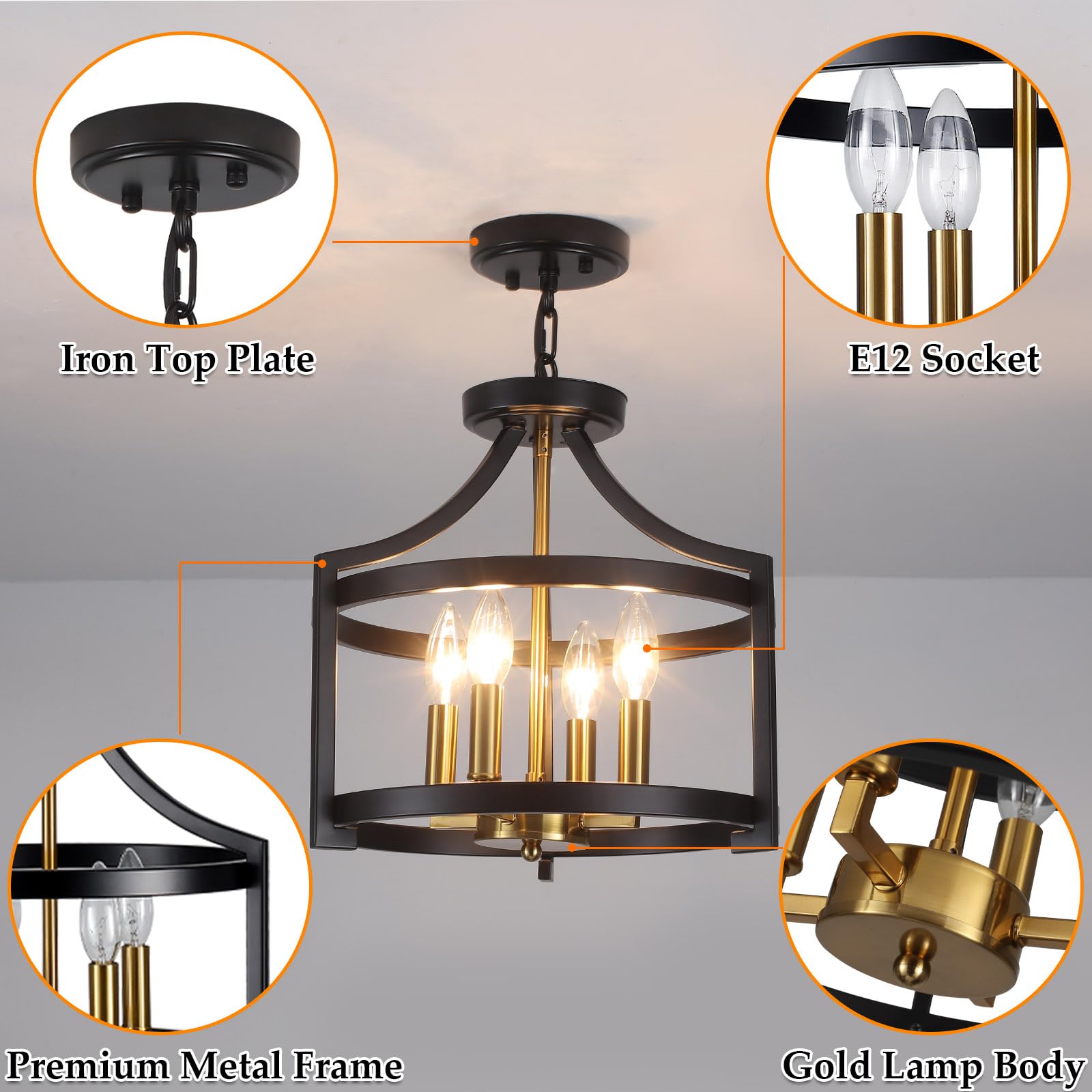 Lxwnyy Farmhouse Dining Room Light Fixture,4 Lights Kitchen Chandeliers Over Table Modern Black&Gold Hanging Pendant Lamp Conver