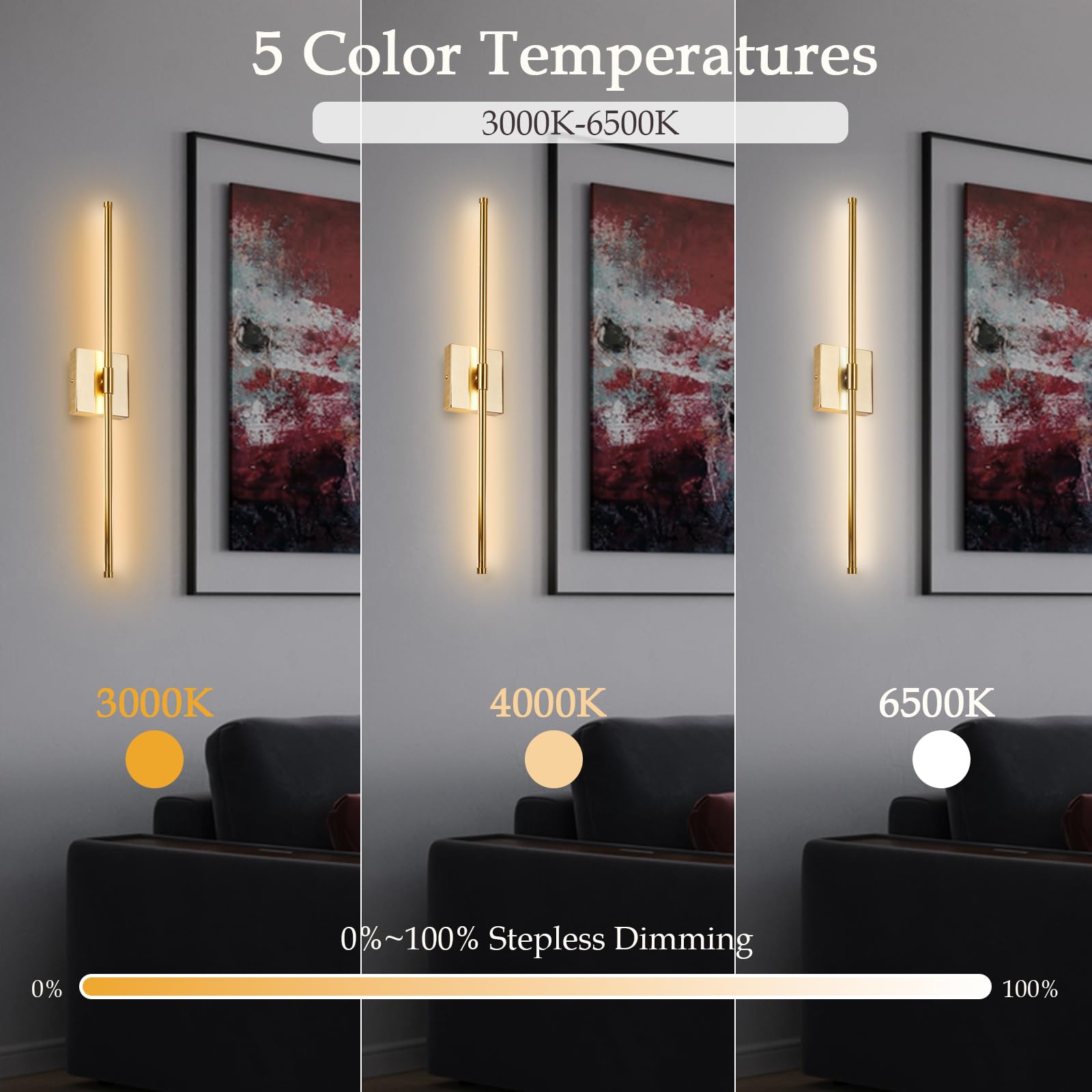 Goosebrite LED Wall Sconce with Remote Control, Dimmable, Timer, 27.55 Inch, Gold, Iron, 5 Colors 3000K-6500K