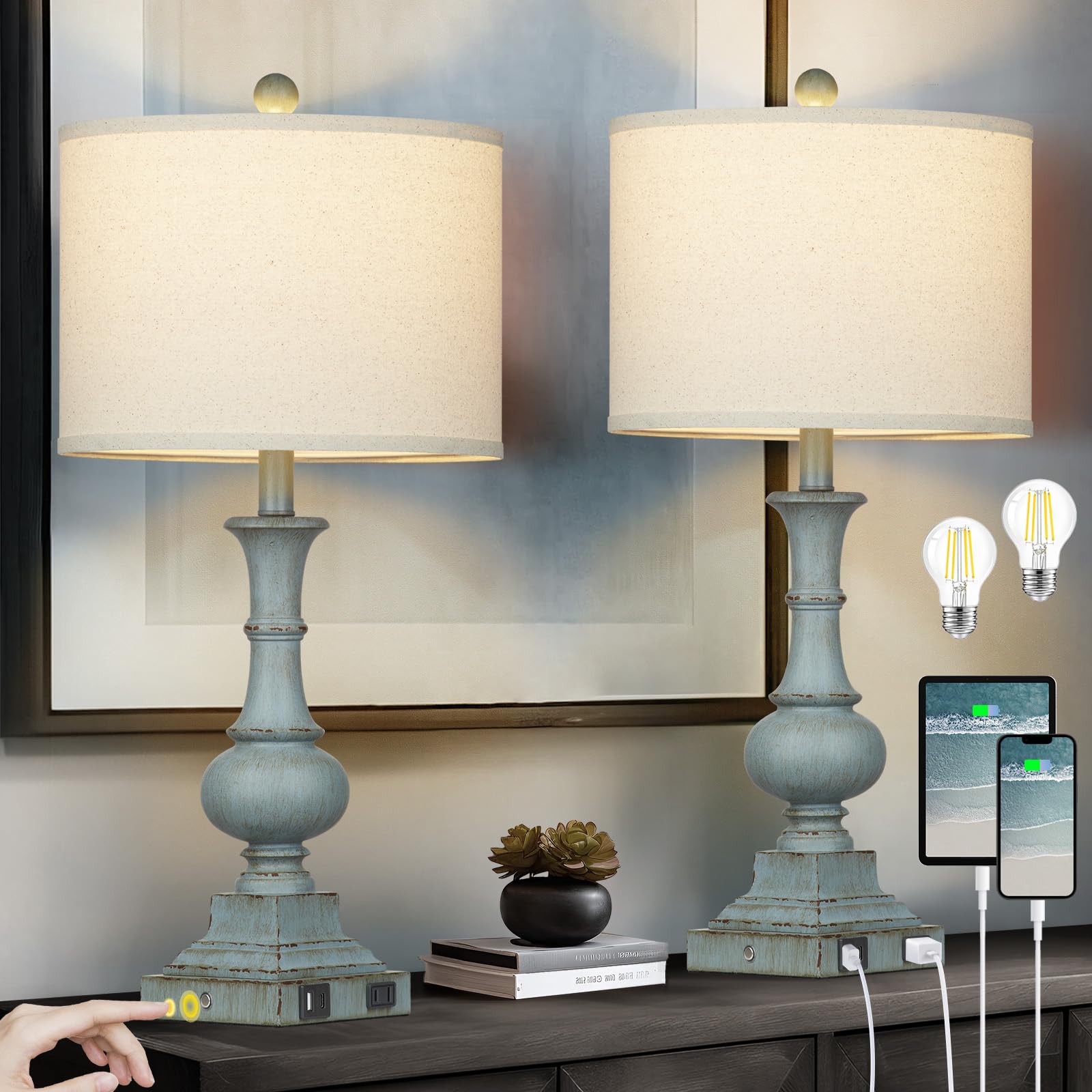 Farmhouse Table Lamps Set of 2, Rustic Touch Control Bedside Lamps with 2 USB Ports & AC Outlet, Vintage Resin 3-Way Dimmable Nightstand Lamp Linen Fabric Shade for Living Room Bedroom Decor Blue