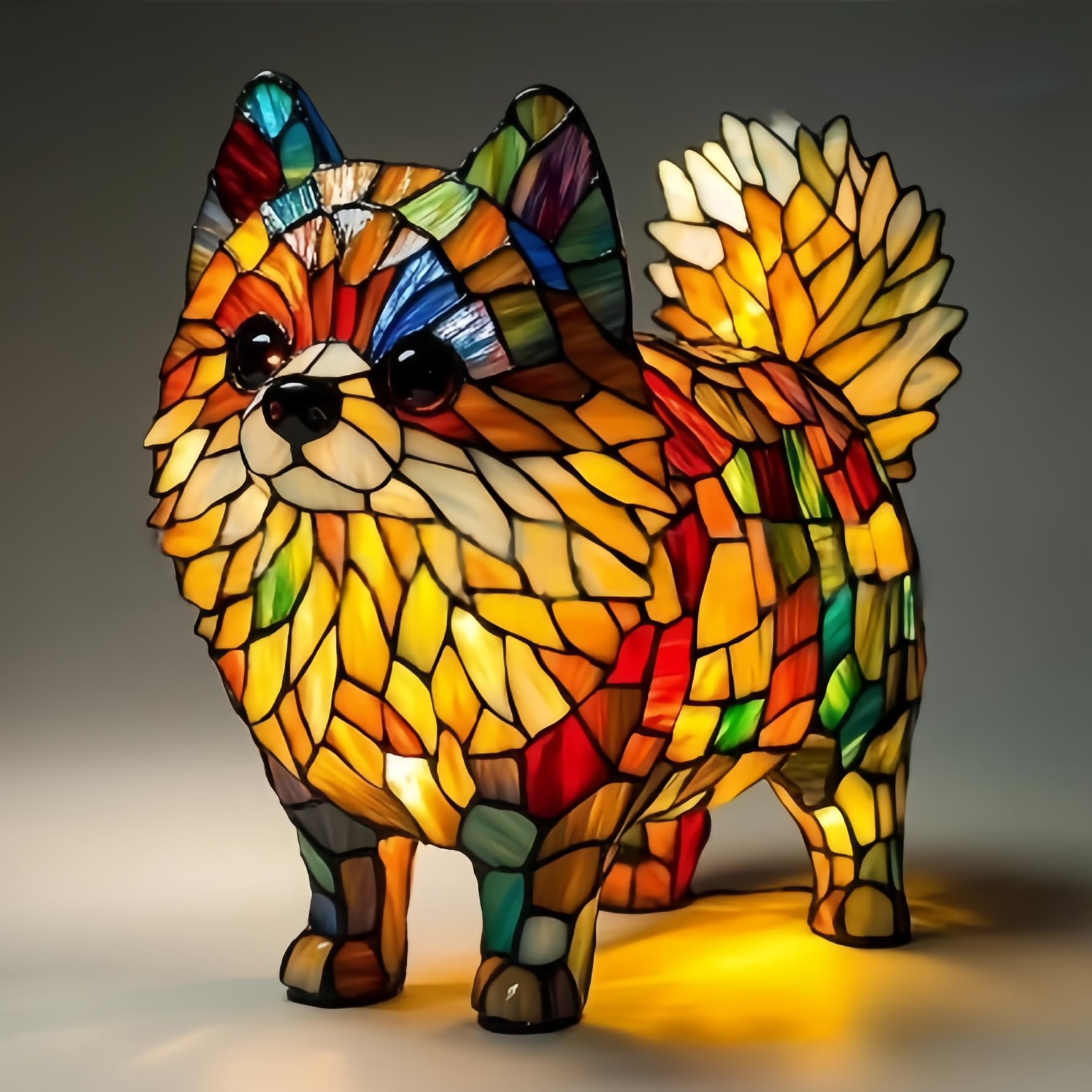 Desniltol Dog Lamp - 3D Cute Pomeranian Art Night Light, Warm White LED, Retro Stained Resin, Tabletop Decor