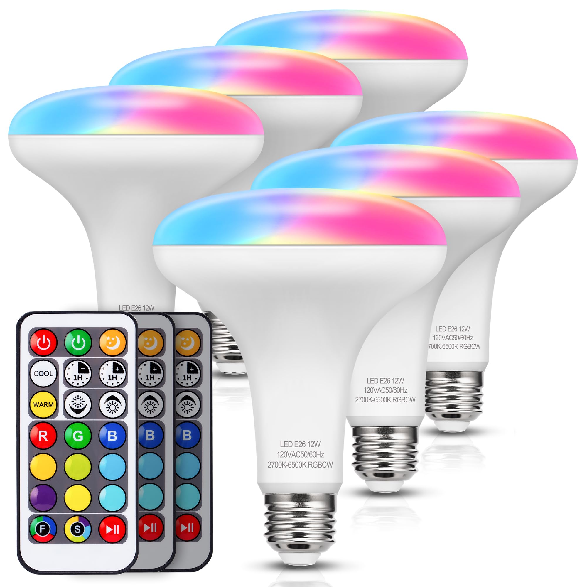 JandCase BR30 Color Changing LED Flood Lights, 12W (100W Equivalent), Dimmable, RGB+Warm+Cool White, 6 Pack, E26 Base