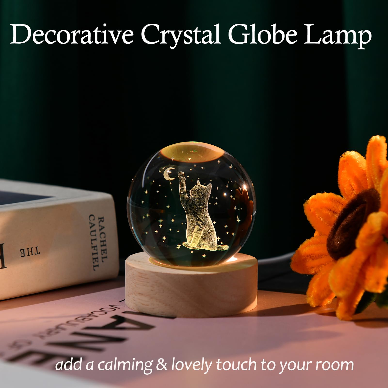 IFOLAINA 3D Cat Sympathy Figurine - 2.36" Laser Engraved Crystal Ball with Wooden Base, Multicolor Cat Gifts for Cat Lovers