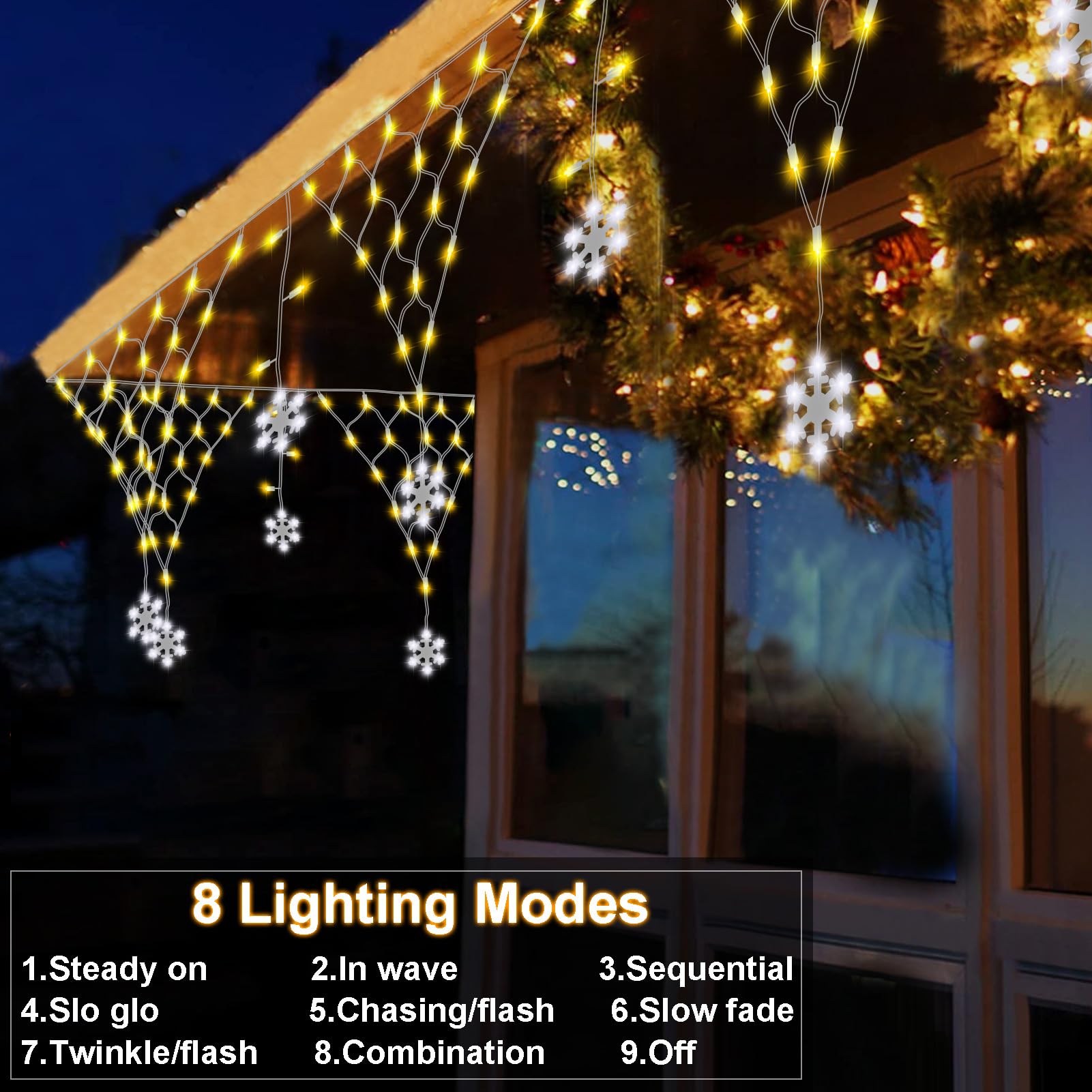 Dbfairy Christmas Net Lights Outdoor 207 Led Net Lights 13.1Ft(L) X1.9Ft(H) With12Pcs Snowflake Drop Plug Dimmable Waterproof 8