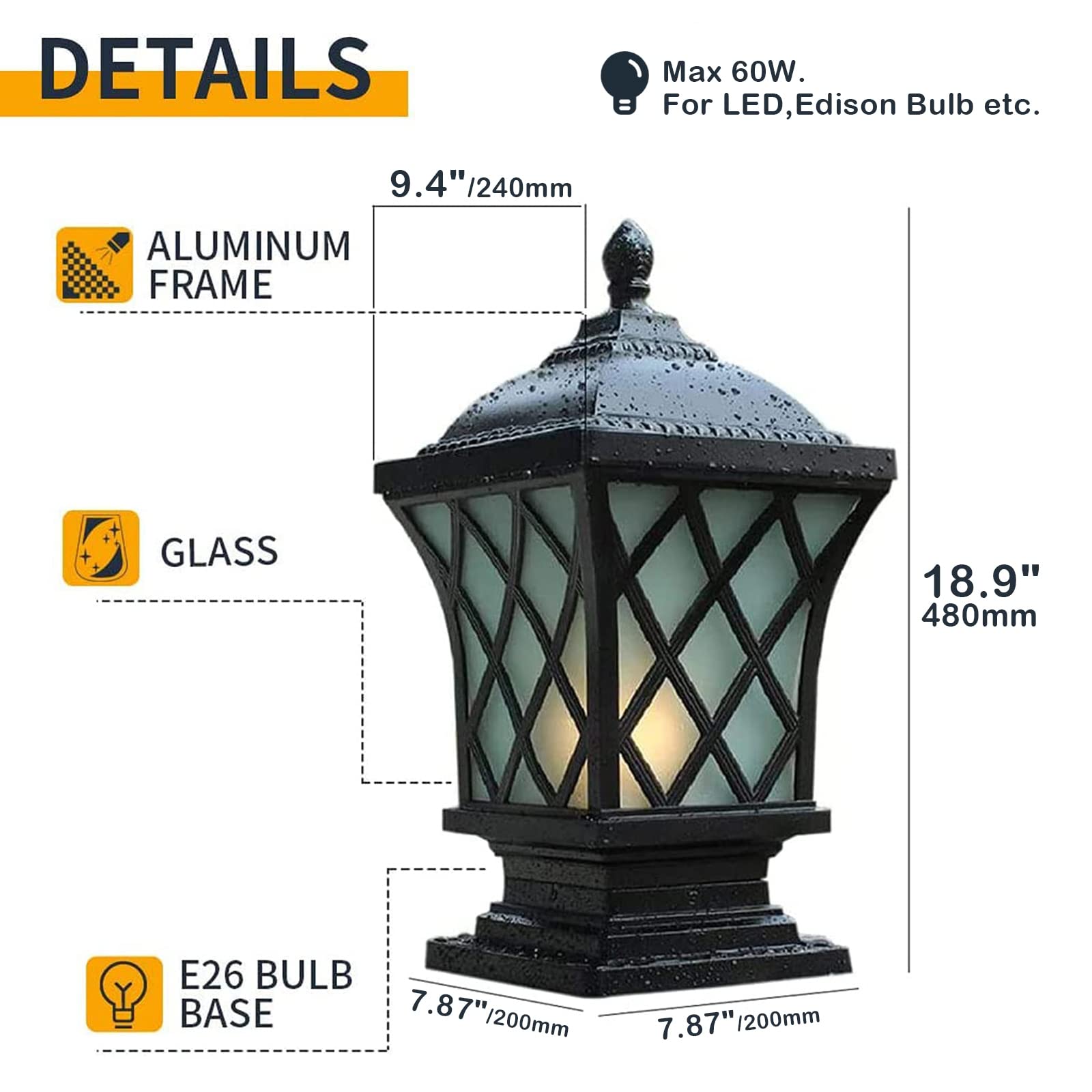 Cgjdzmd Outdoor Column Lights, Ip54 Square Column Lights Waterproof Outdoor Pillar Lights Rainproof Aluminum Glass Post Light Fixtures Modern Exterior Pillar Lights Villa Garden Park Lighting