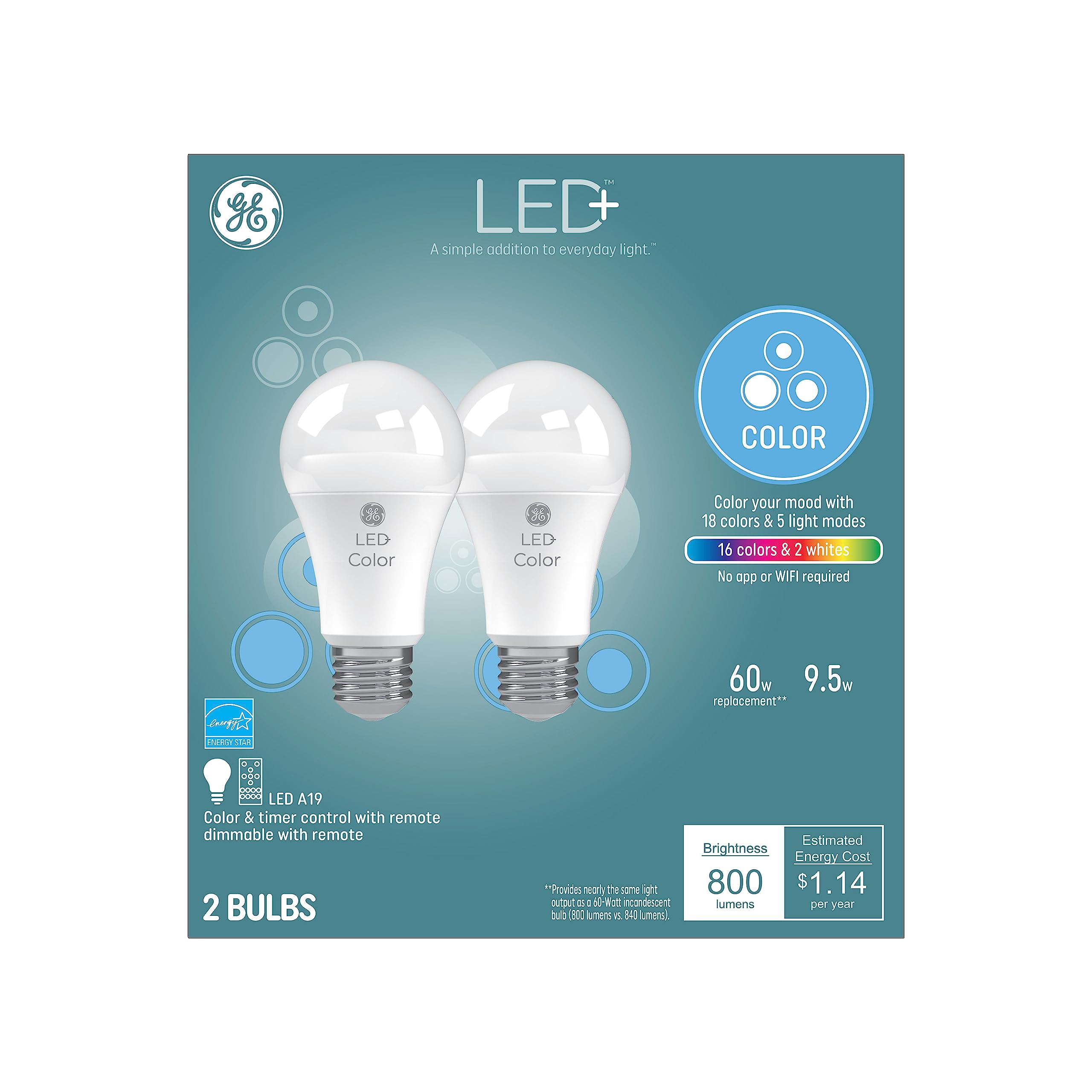 GE LED+ Color Changing LED Light Bulbs with Remote, No App or Wi-Fi Required, A19 Standard Bulbs (2 Pack)