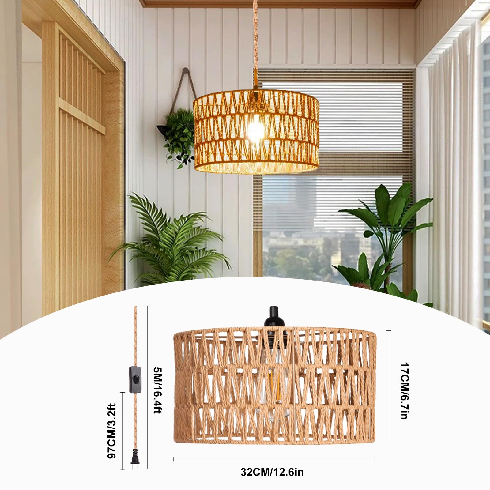 Maliralt Hanging Lamps Rattan Pendant Light Hanging Lights 16.4Ft Plug In Cord Pendant Light Fixture Plug Into Wall Outlet Penda