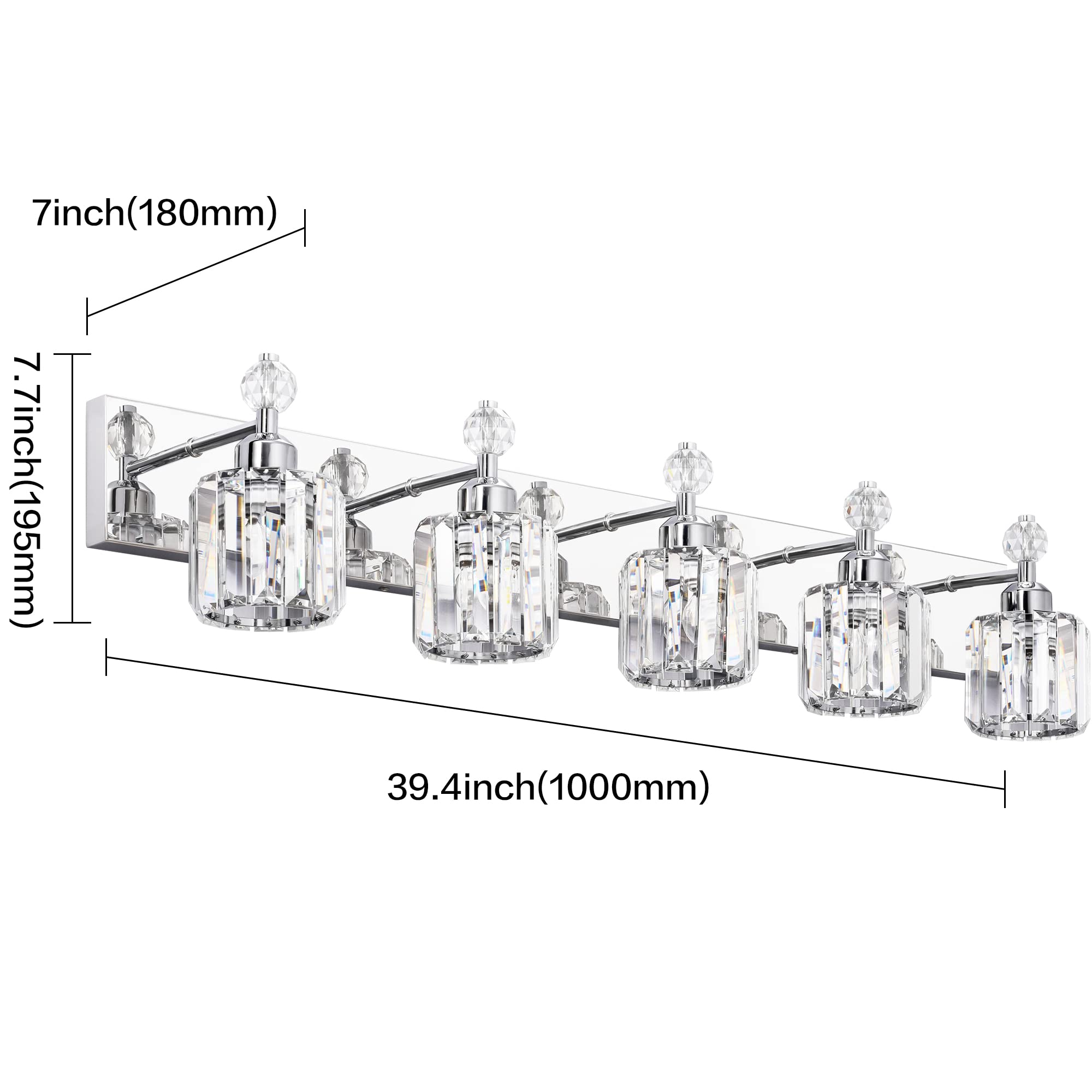 PRESDE Modern Crystal Vanity Light Fixture, 5-Light, Chrome, Stainless Steel for Bathroom Over Mirror