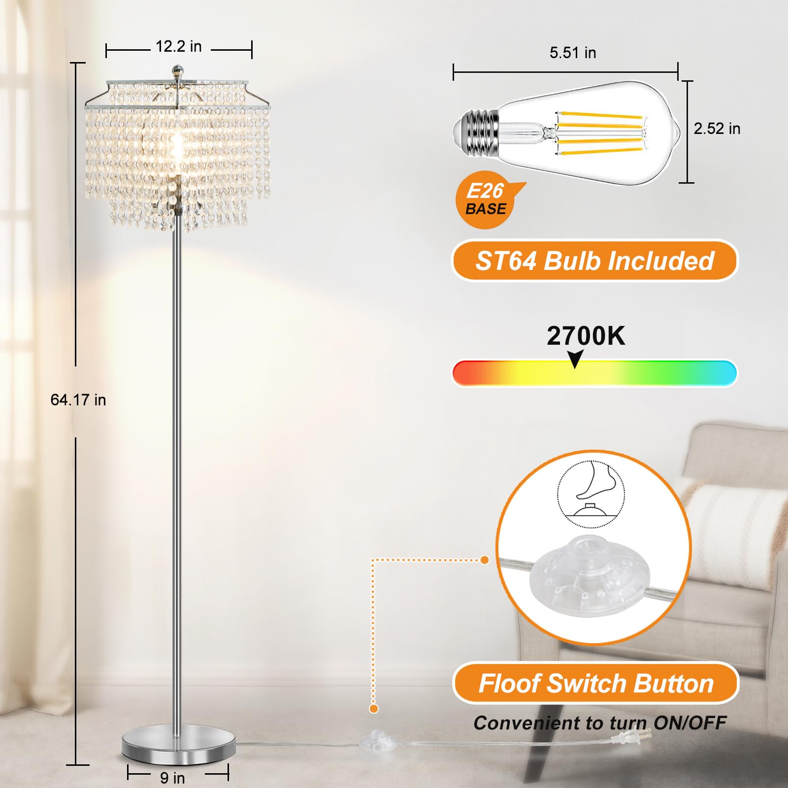 Luvkczc Silver Crystal Floor Lamp, Modern Design with Double-Layer Lampshade, On-Off Foot Switch, Tall Pole for Living Room & Bedroom