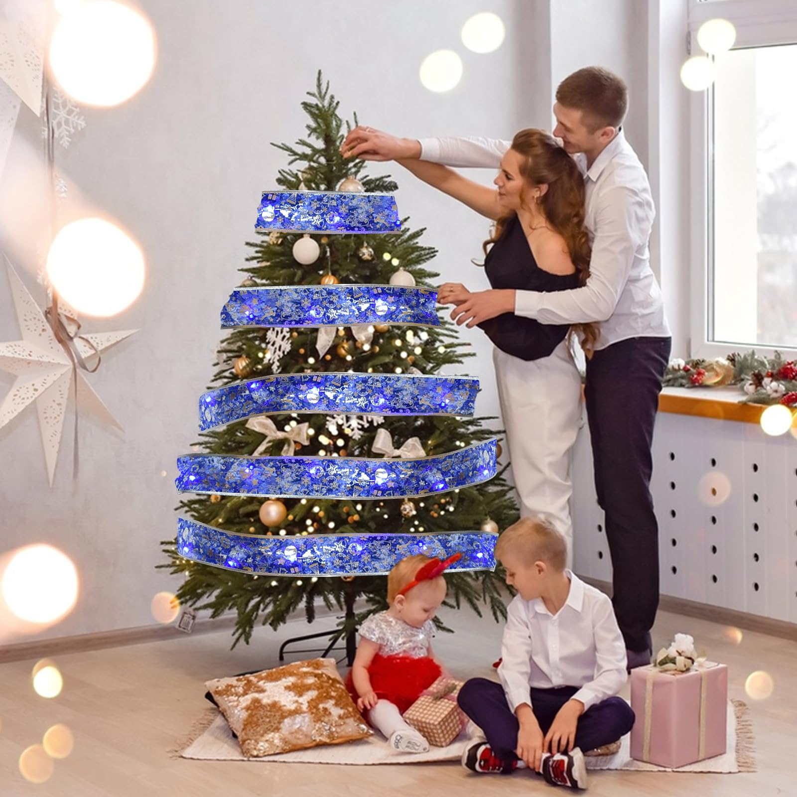 Dailyart Christmas Tree Lights, 200 LED, 78Ft, USB & Battery Operated, 8 Modes, Blue Ribbon Bows Decor for Indoor Xmas Garland