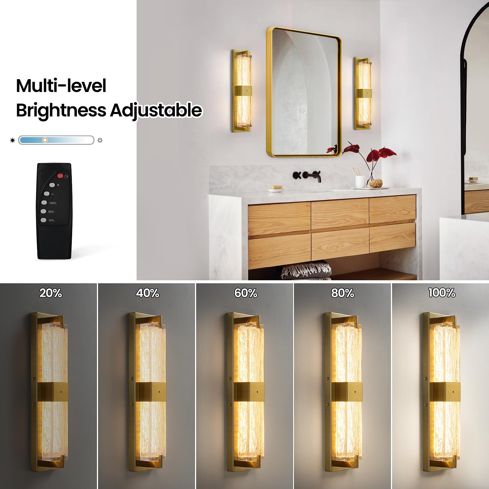 WOSHITU Battery Operated Wall Sconce - 19" Gold Dimmable LED Light, Wireless Rechargeable, Iron Modern Fixture for Living Room, Bedroom, Bathroom