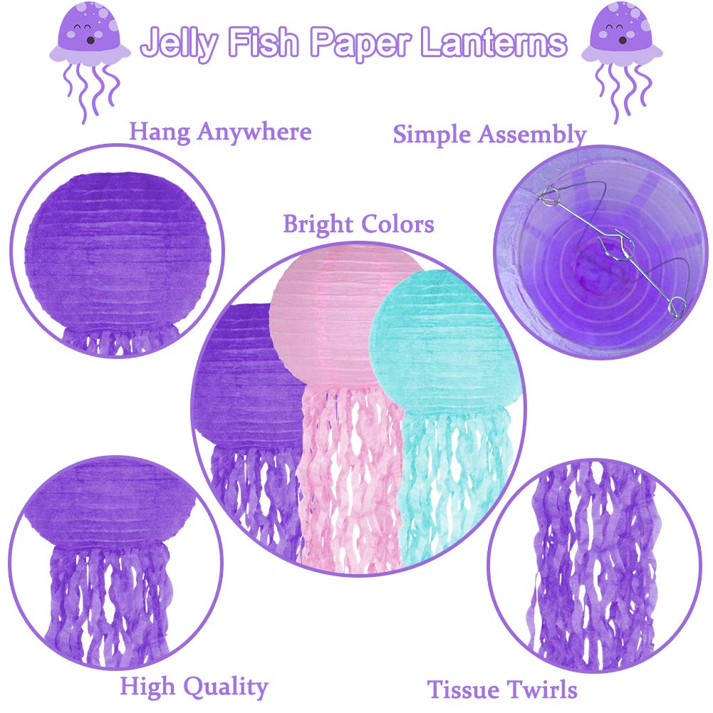 zilue Jelly Fish Paper Lanterns Set of 6, Paper, Pink Purple Blue, Model ZL1006, Mermaid Unicorn Theme Party Decorations