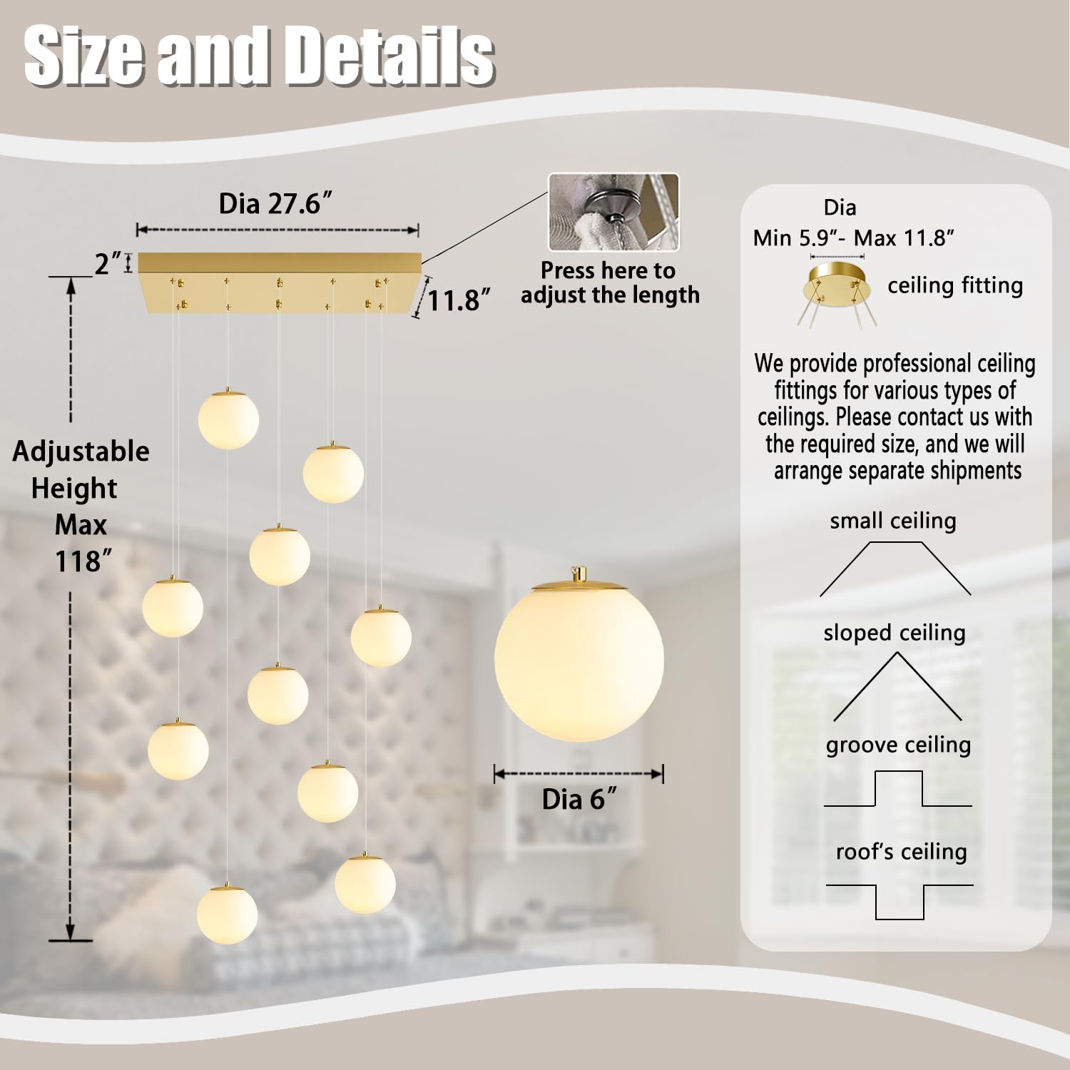 10-Lights Globe Chandelier Gold Pendant Lighting Fixture Hanging Ceiling Light For Dining Room, Kitchen Island,High Ceiling Chan