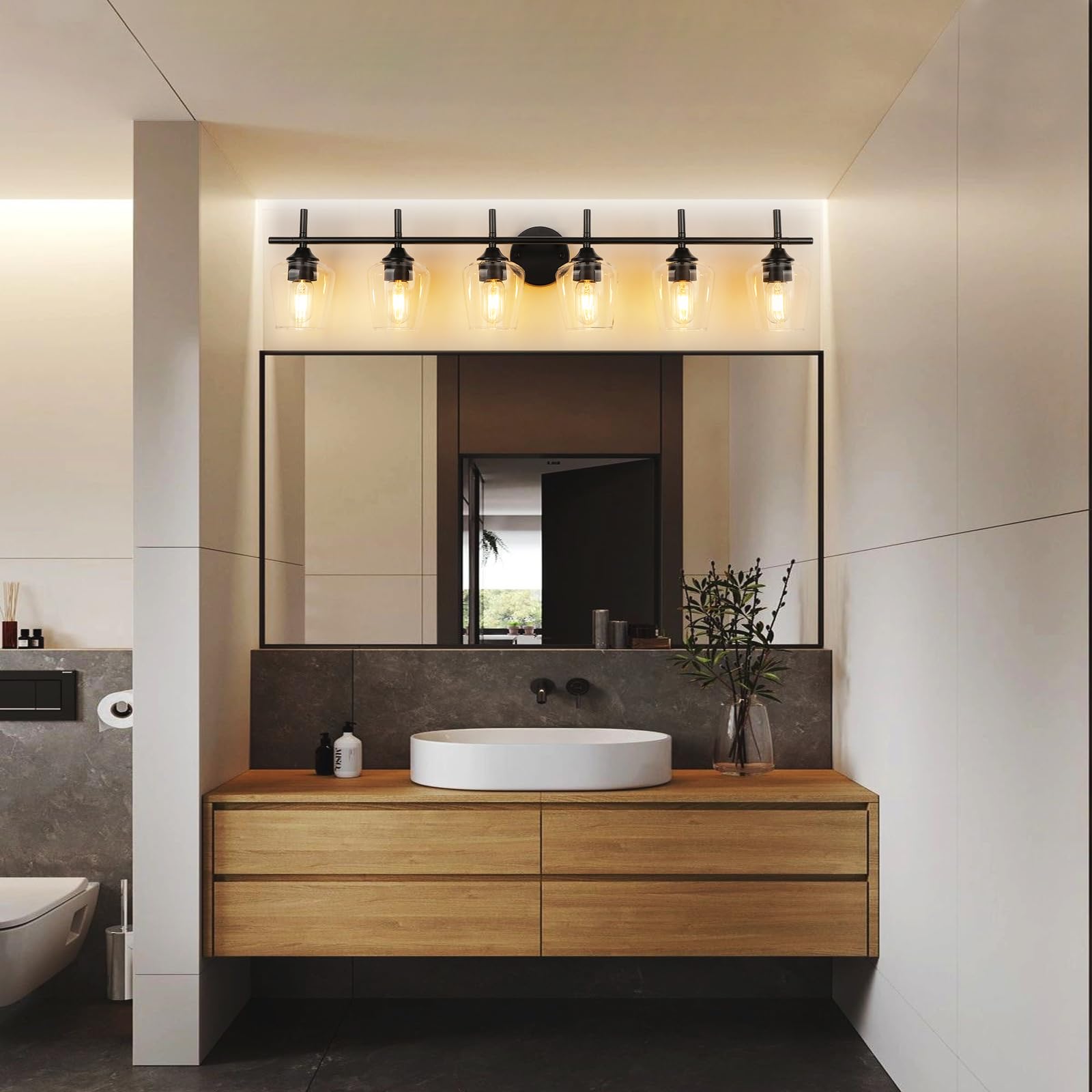 foucasal Bathroom Vanity Light Fixture, 6-Light Modern Matte Black Wall Lamp with Clear Glass Shade for Bathroom and Hallway