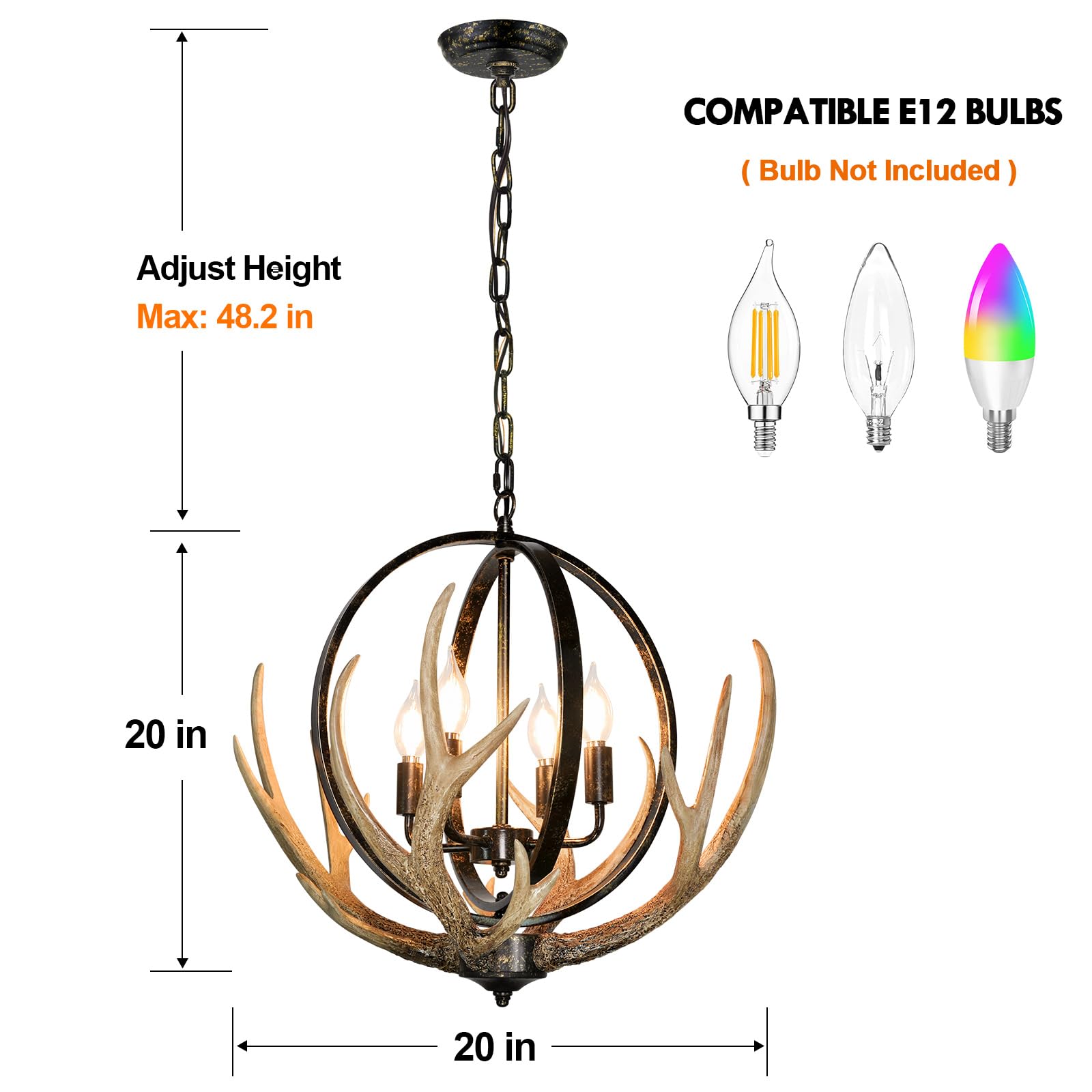 Debemenes Antler Chandelier 4 Lights, 20" Rustic Farmhouse Chandelier With Resin 4 Antlers And Retro Metal Globe Chandeliers Vintage Style For Dining Room, Kitchen, Entryway, Living Room