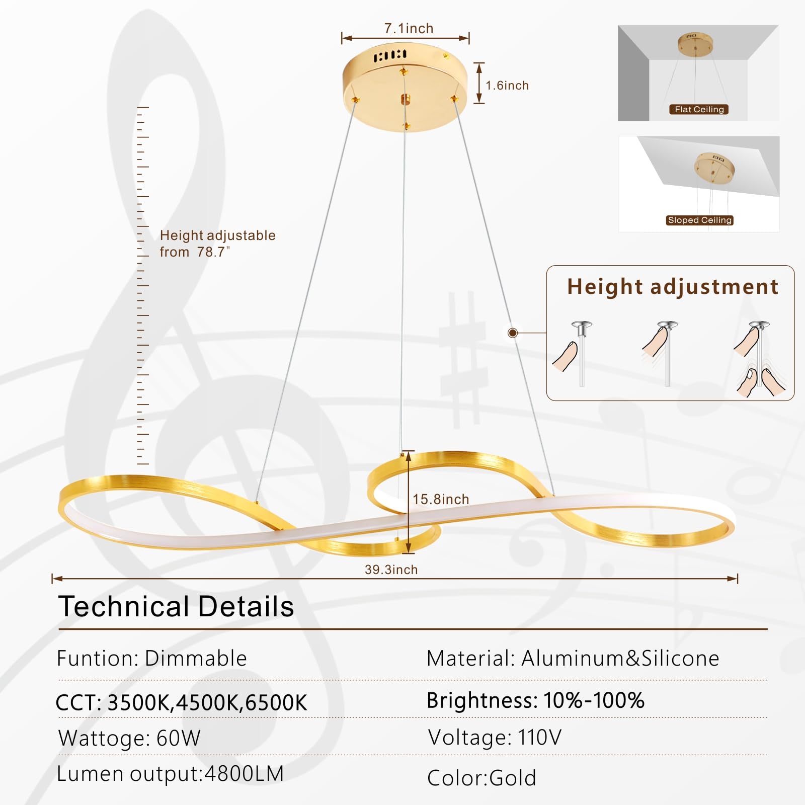 Gold Led Chandelier Modern Gold Chandelier For Dining Room Light Fixture,L39.3'' Modern Led Pendant Light For Kitchen Island Lig